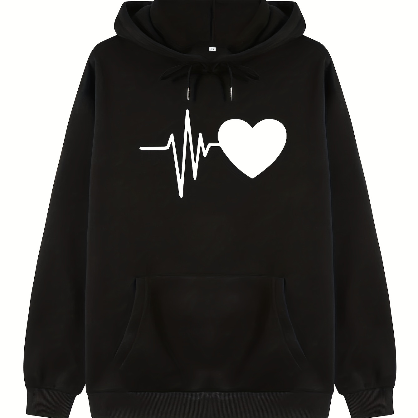 

Heart Rate Print Drawstring Hoodies, Casual Long Sleeve Kangaroo Pocket Sweatshirt, Women's Clothing