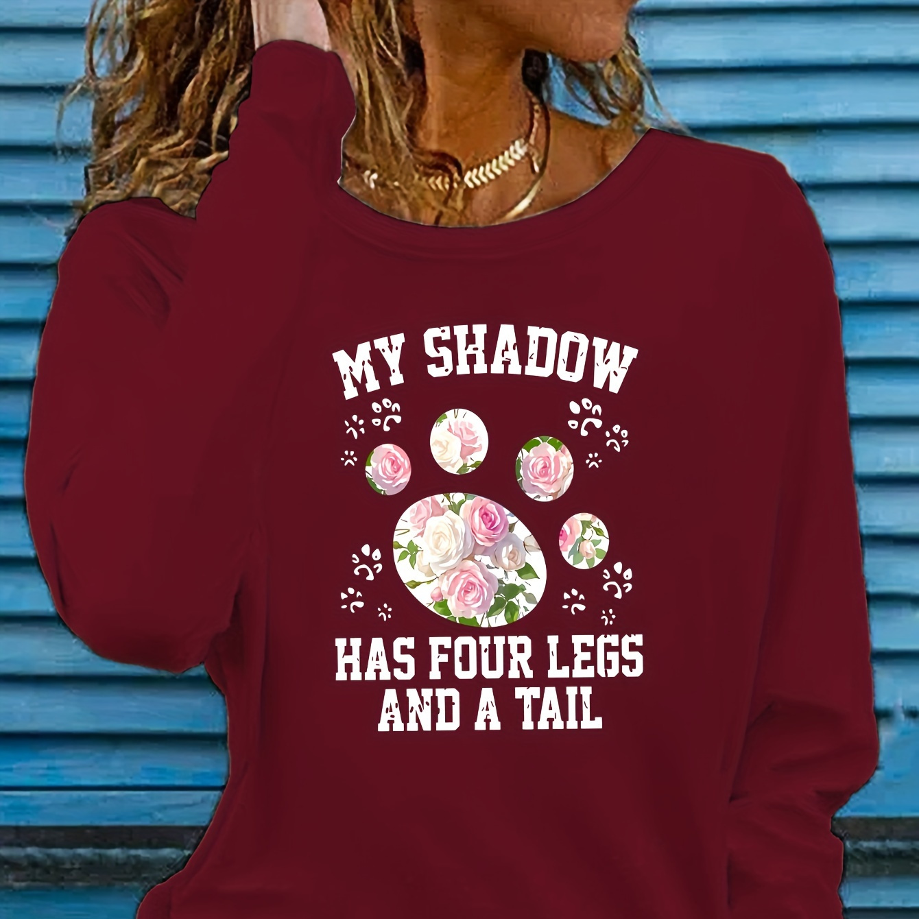 

Women's Casual Crew Neck Long Sleeve T-shirt With " Has 4 Legs And A Tail" Floral Applique Polyester Knit Fabric Top