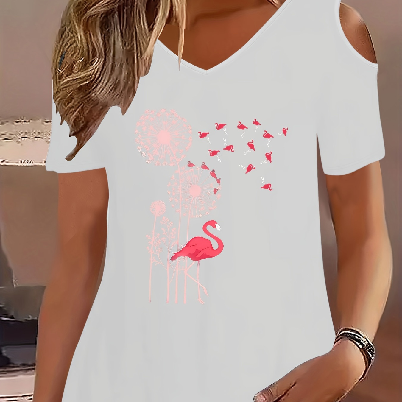 

Cold Shoulder Flamingo Print T-shirt, Short Sleeve V Neck Casual Top For Summer & Spring, Women's Clothing