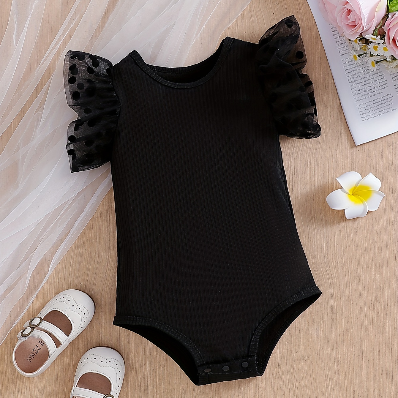 

Infant's Polka Dots Pattern Mesh Sleeve Bodysuit, Elegant Ribbed Onesie, Baby Girl's Clothing