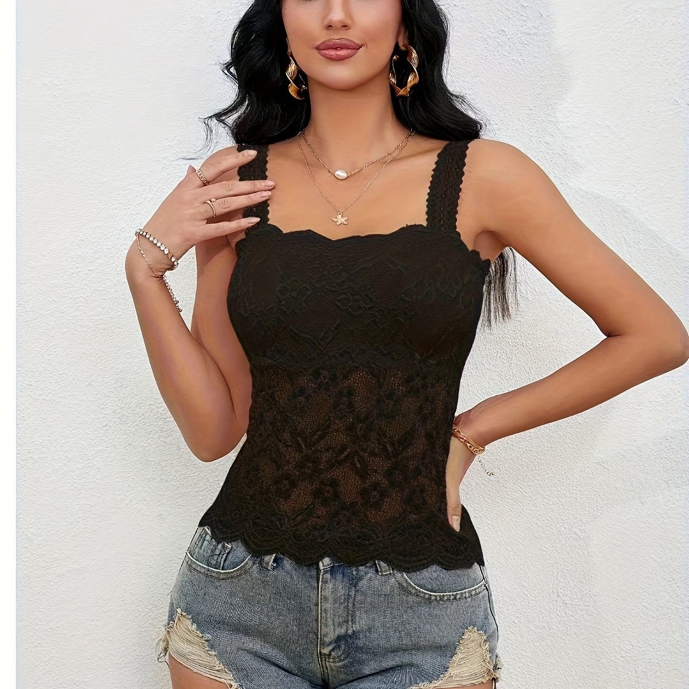 

Solid Color Lace Square Neck Top, Versatile Sleeveless Slim Tank Top For Spring & Summer, Women's Clothing