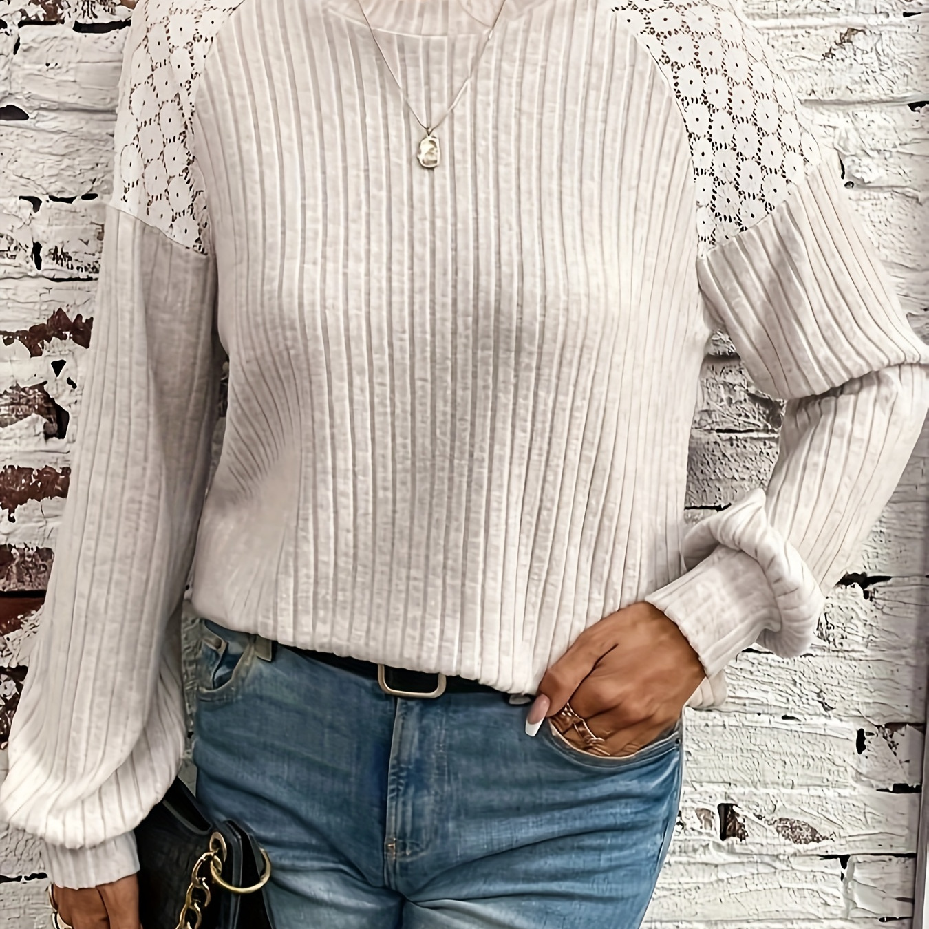 

Lace Panel Ribbed Knit T-shirt, Casual Crew Neck Long Sleeve T-shirt For Spring & Fall, Women's Clothing