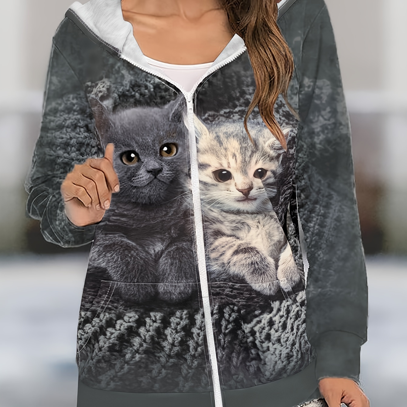 

Vintage Cat Print Zip-up Hoodie For Women - Casual Long Sleeve With Drawstring, Polyester , Machine Washable