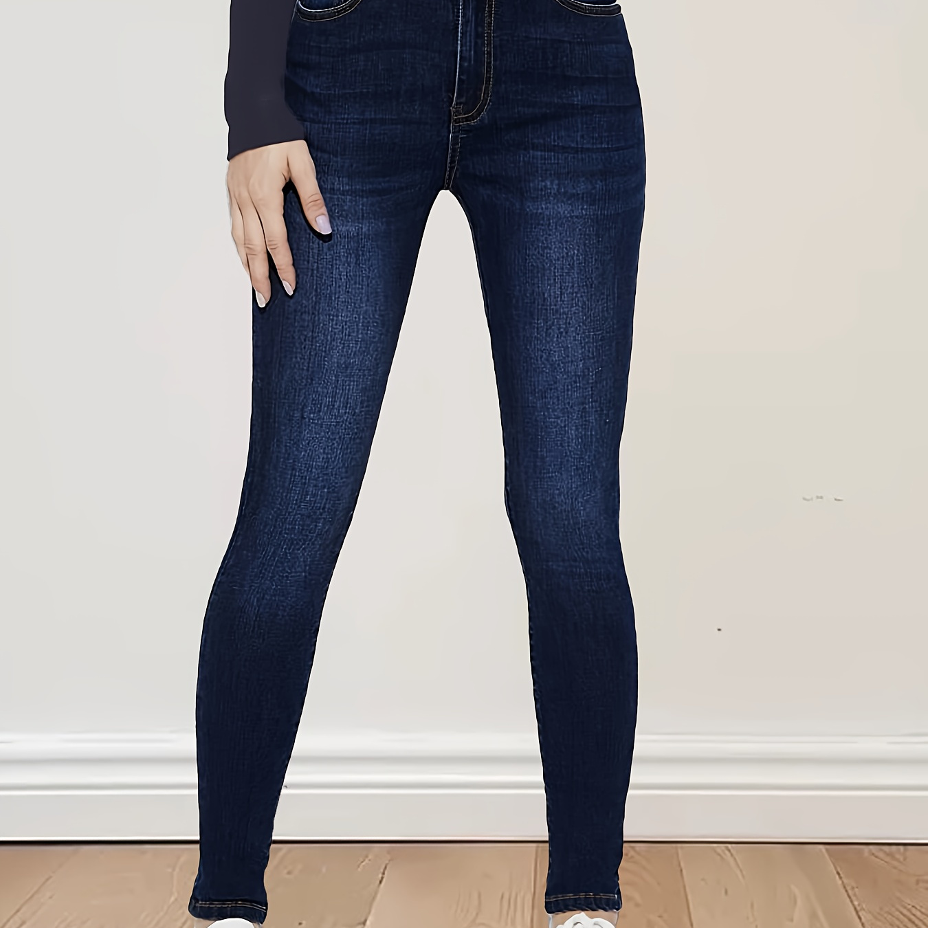 

Elegant Plain Denim Jeans, Button Fly Skinny Denim Pants, Women's Denim Jeans & Clothing