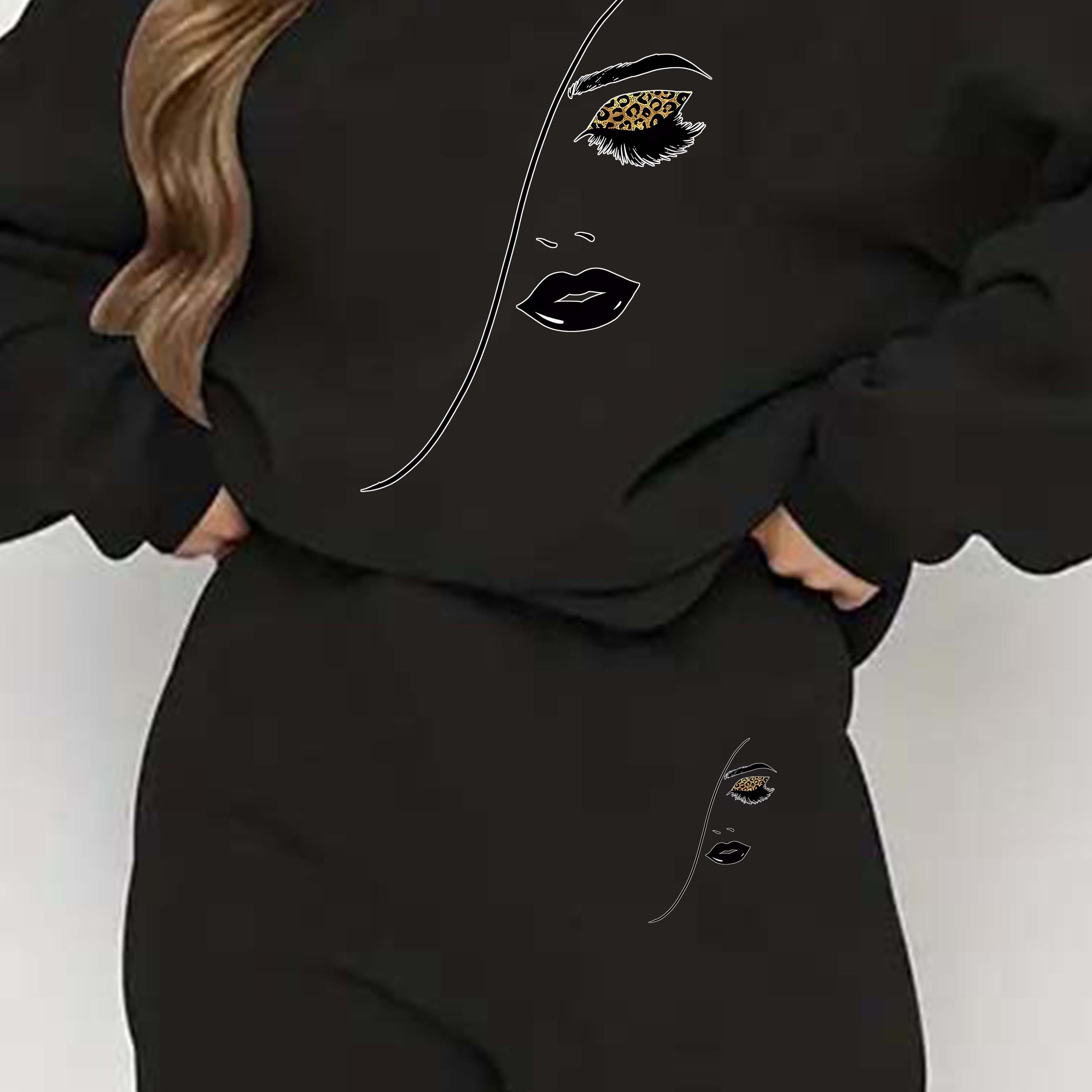 

Face Print Casual 2 Piece Set, Crew Neck Long Sleeve Sweatshirt & Slant Pocket Pants, Women's Clothing