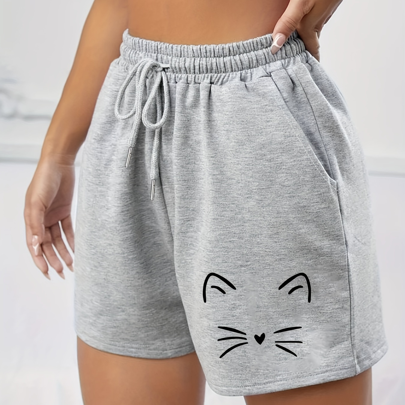 

Women's Casual Summer Shorts, Elastic Waist, Drawstring, With Cute Cat Face Print, Heather Grey, Comfortable Lounge Wear