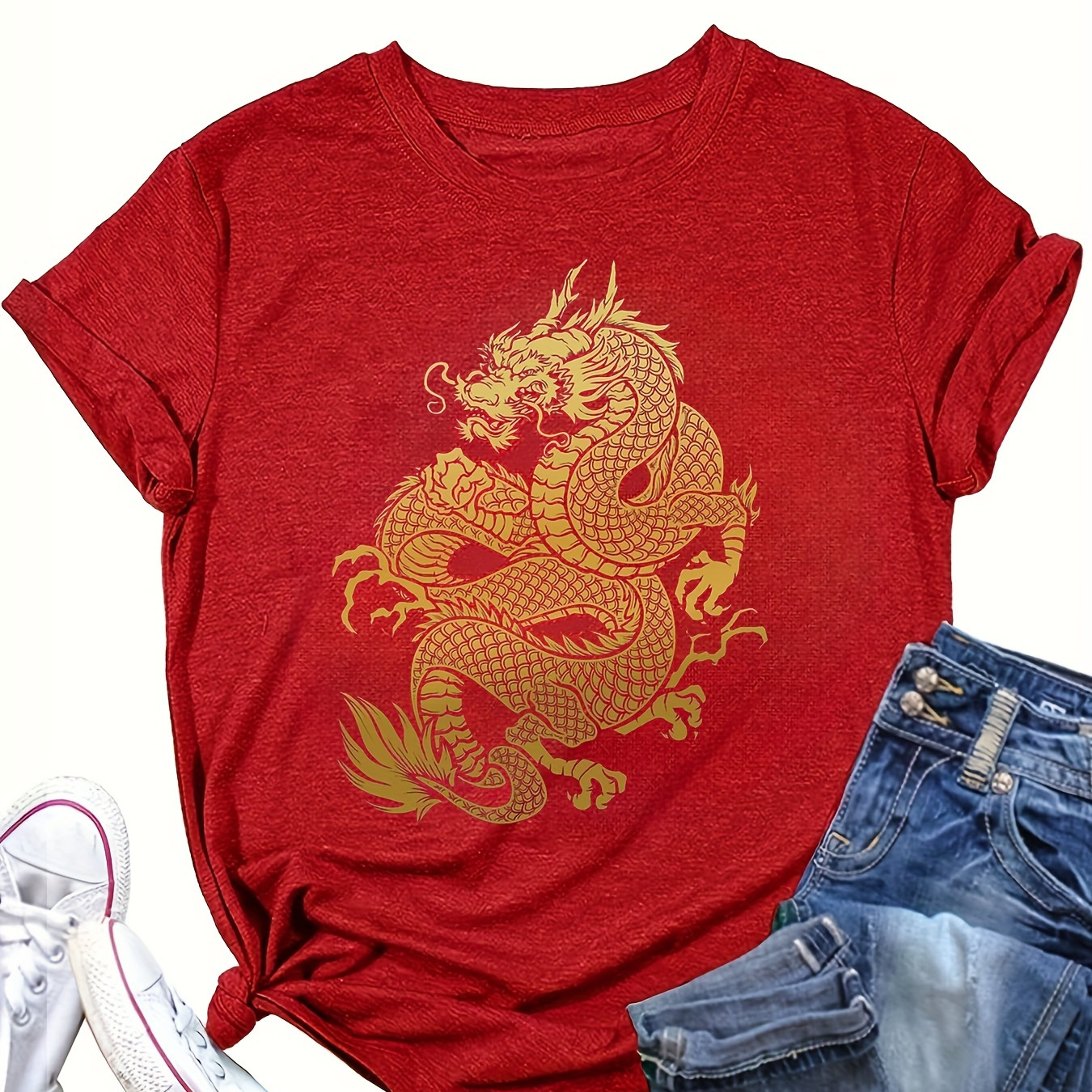 

Dragon Print Crew Neck T-shirt, Casual Short Sleeve Top For Spring & Summer, Women's Clothing