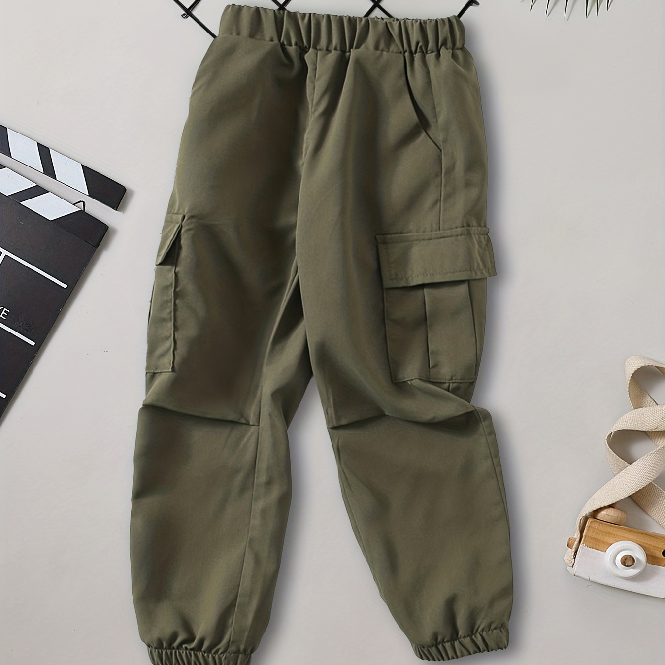 

Boys Casual Solid Color Loose Cargo Pants, Elastic Waist Jogger Pants With Pocket, Kids Clothes Outdoor