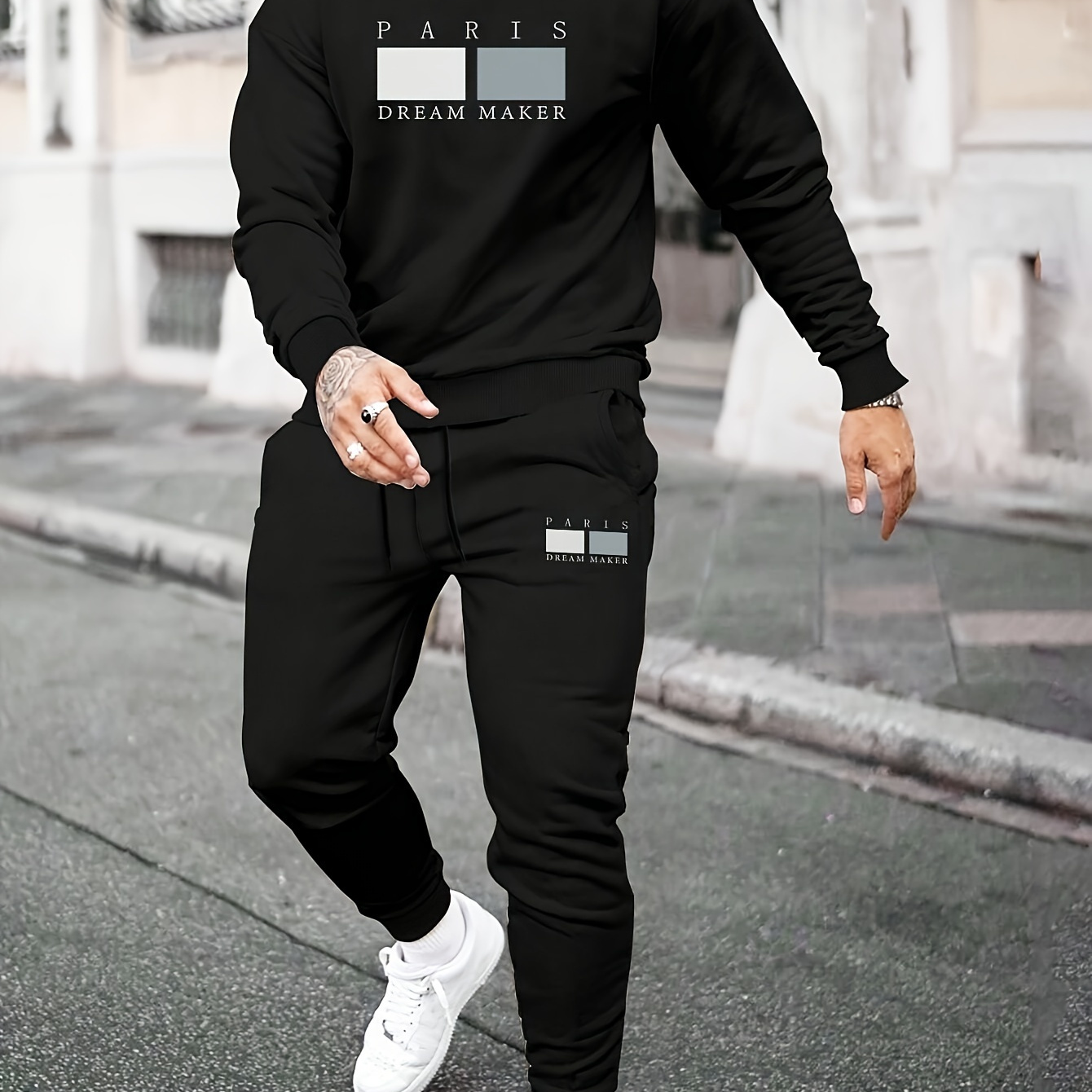 

Ensemble Décontracté pour Homme 2pcs: Sweat à Col Rond Imprimé & Joggers - Polyester, Lavable en Machine - pour