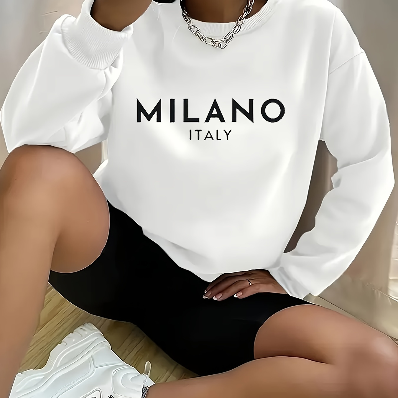 

Italy Letter Print Pullover Sweatshirt - 100% Polyester Crew Neck Long Sleeve Casual Sporty Winter Top With Applique Detail - Knitted Fabric Women' Sweater