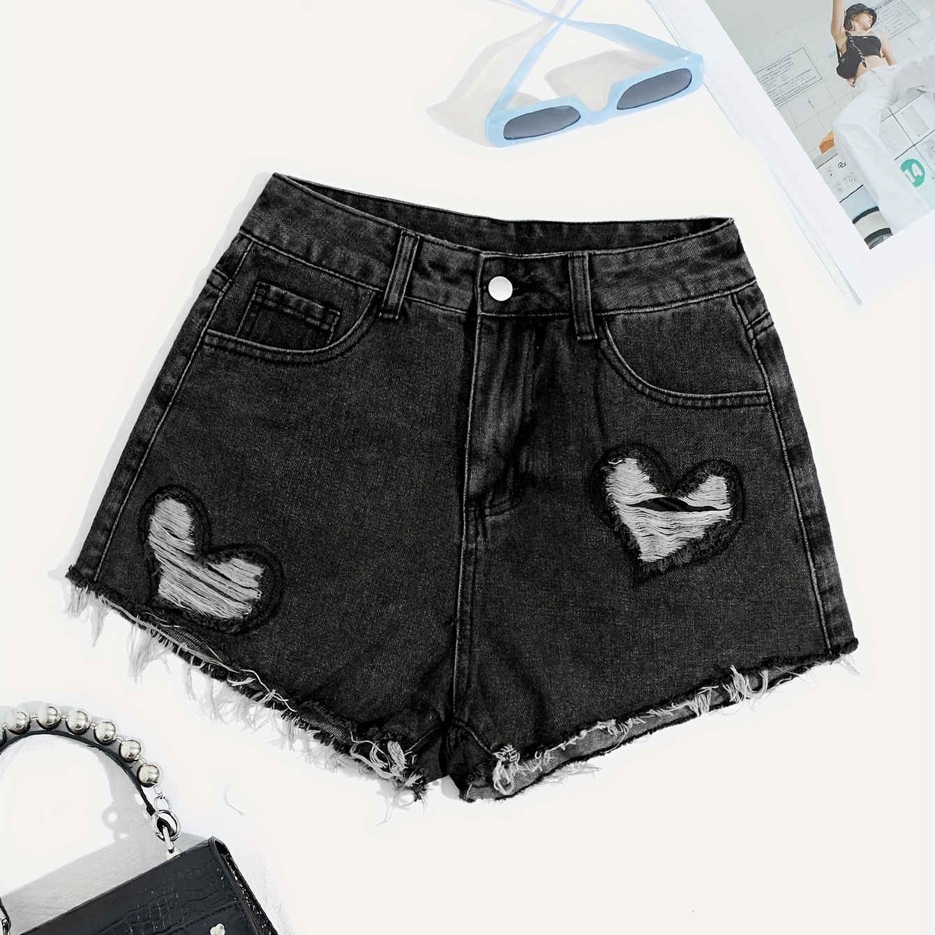 

Women's Casual Denim Shorts, Black Color Ripped High-waisted With Frayed Hem And Heart Cutouts, Summer Fashion Jean Shorts