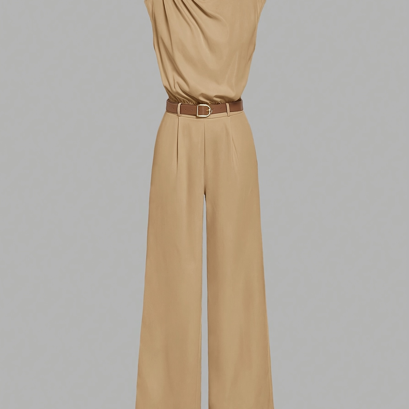 

Elegant Wide-leg Jumpsuit With Ruched Shoulder Design And Button Detail - Polyester, Round Neck, Sleeveless, Machine Washable - Chic & Stylish For All