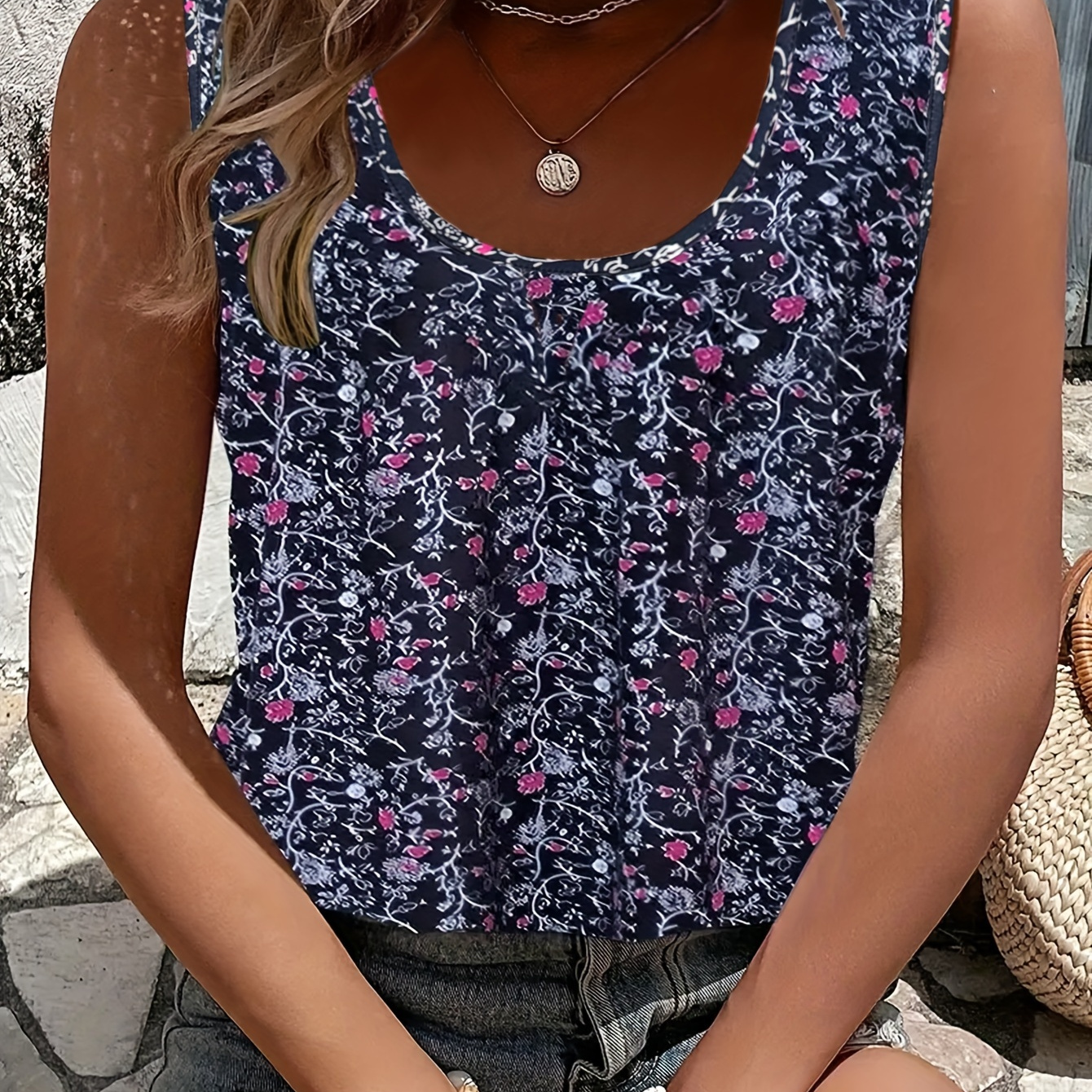 

Floral Print Crew Neck Tank Top, Casual Sleeveless Top For Summer, Women's Clothing