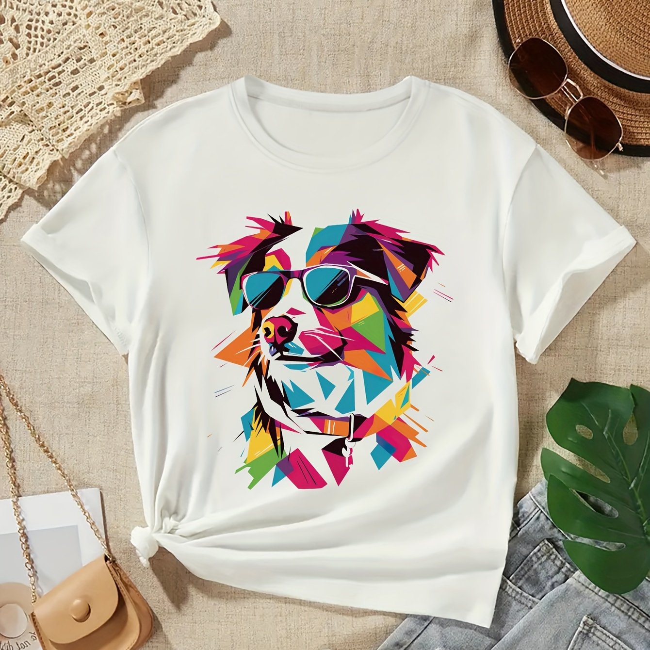 

Colorful Anime Dog With Sunglasses Graphic Print, Tween Girls' Casual & Comfy Crew Neck Short Sleeve Tee For Spring & Summer, Tween Girls' Clothes For Outdoor Activities