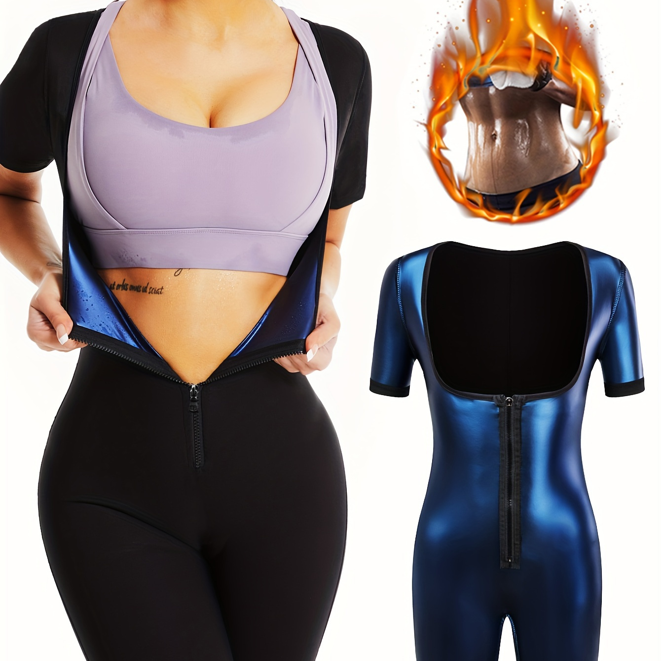 Plain Body Shape Weight Loss Bodysuit, Short Sleeves Mid-Streth Square Neck Sporty Shaping Suit, Women's Activewear