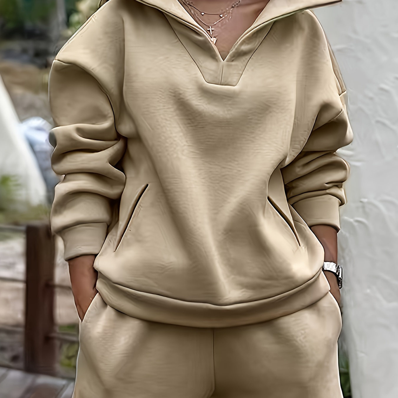 

Women's Casual Sporty Two-piece Set - V-neck Long Sleeve Hoodie With Kangaroo Pocket & Matching Joggers, Polyester , Machine Washable, Jogging Pants