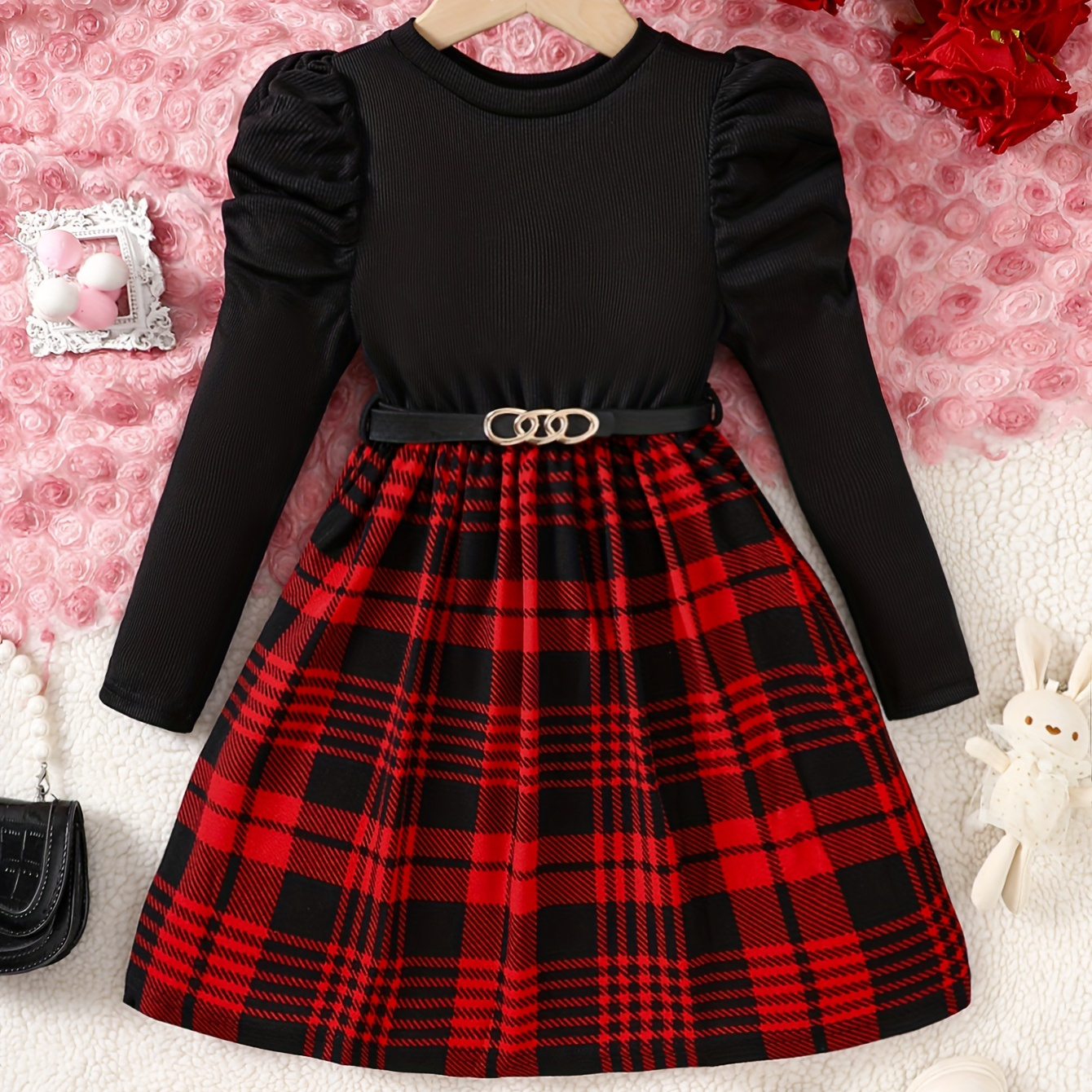 

Girls Elegant & Trendy Long Bubble Sleeve Pattern Belted Dress For Birthday Party, As Gifts