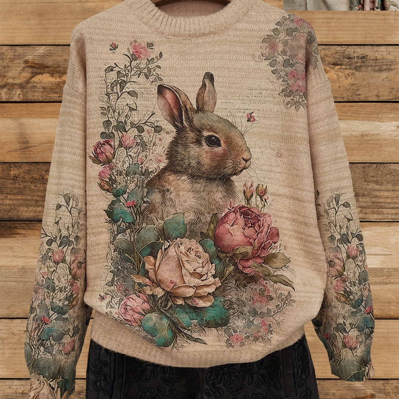 

Women's Casual Crew Neck Long Sleeve Knitted Pullover With Bunny And Floral Print, Polyester Spandex With Slight Stretch, Fashionable Sweater For Fall/winter