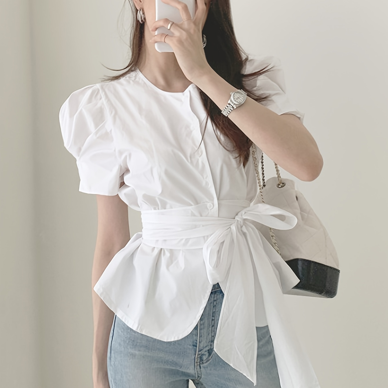 

Solid Single Button Tie Waist Blouse, Elegant Short Sleeve Blouse For Spring & Summer, Women's Clothing