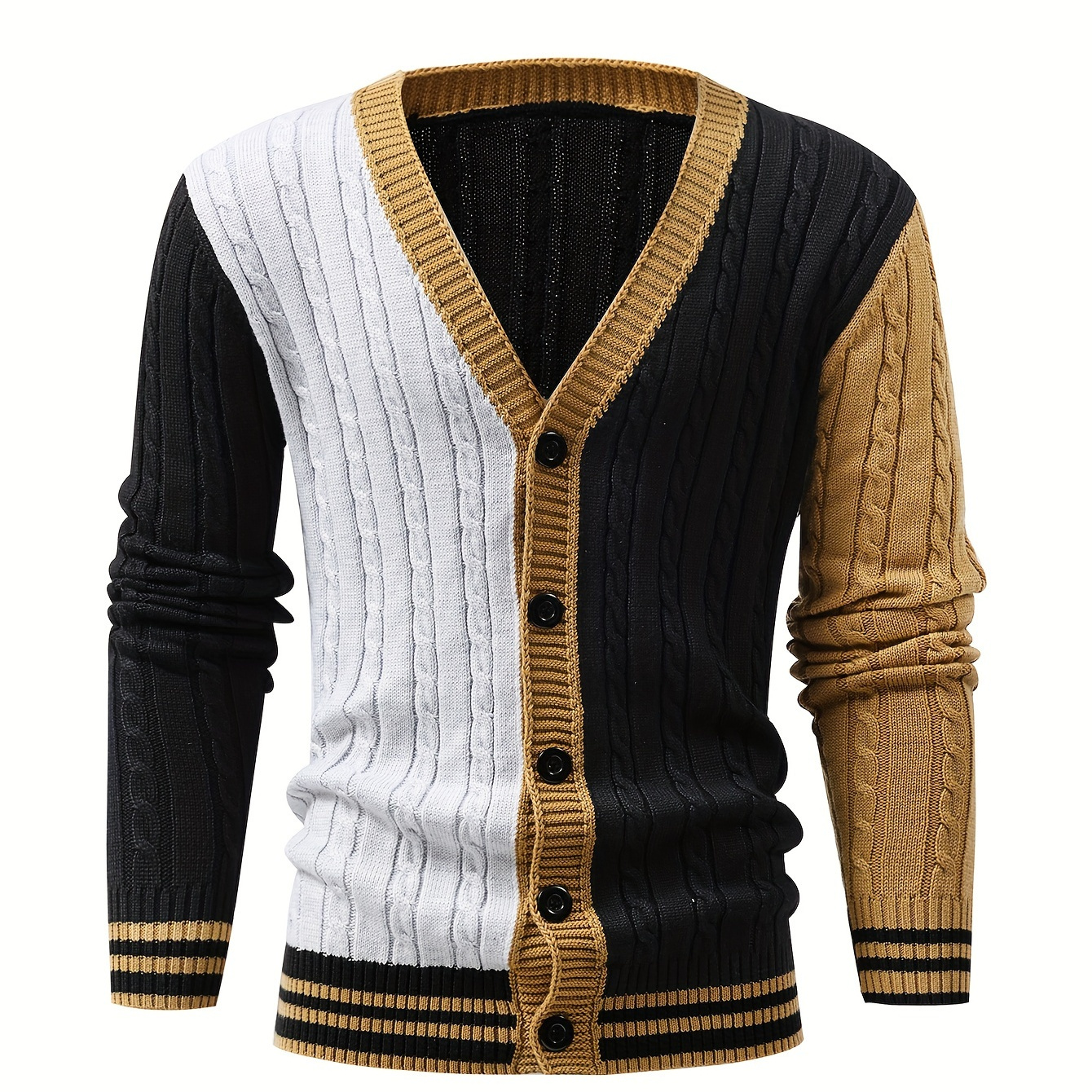 

Men's Stylish Color Matching Knitted Pullover, Casual Breathable Long Sleeve V Neck Button Up Top For City Walk Street Hanging Outdoor Activities
