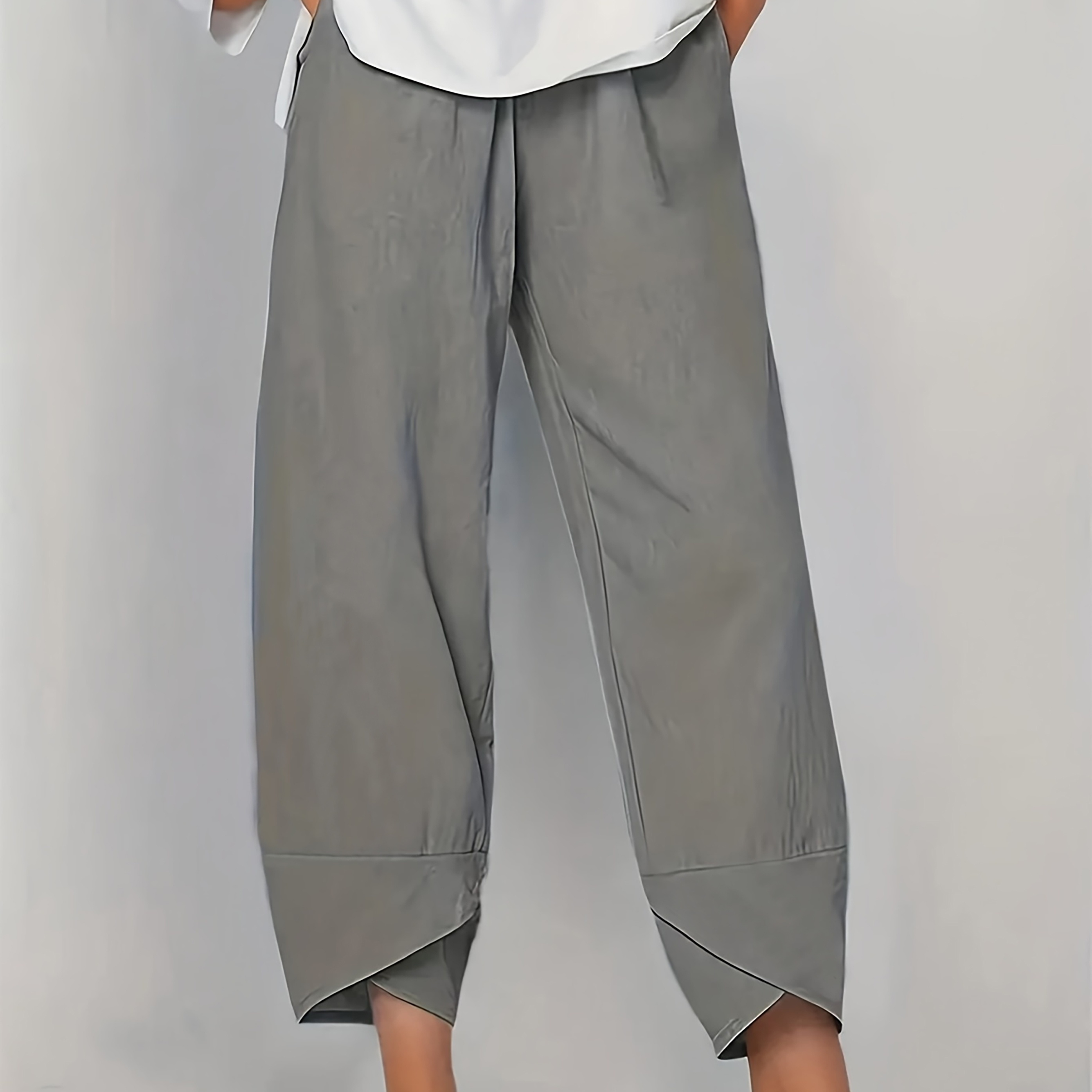 

Plus Size Solid Baggy Pants, Casual Elastic Waist Pants For Spring & Summer, Women's Plus Size Clothing