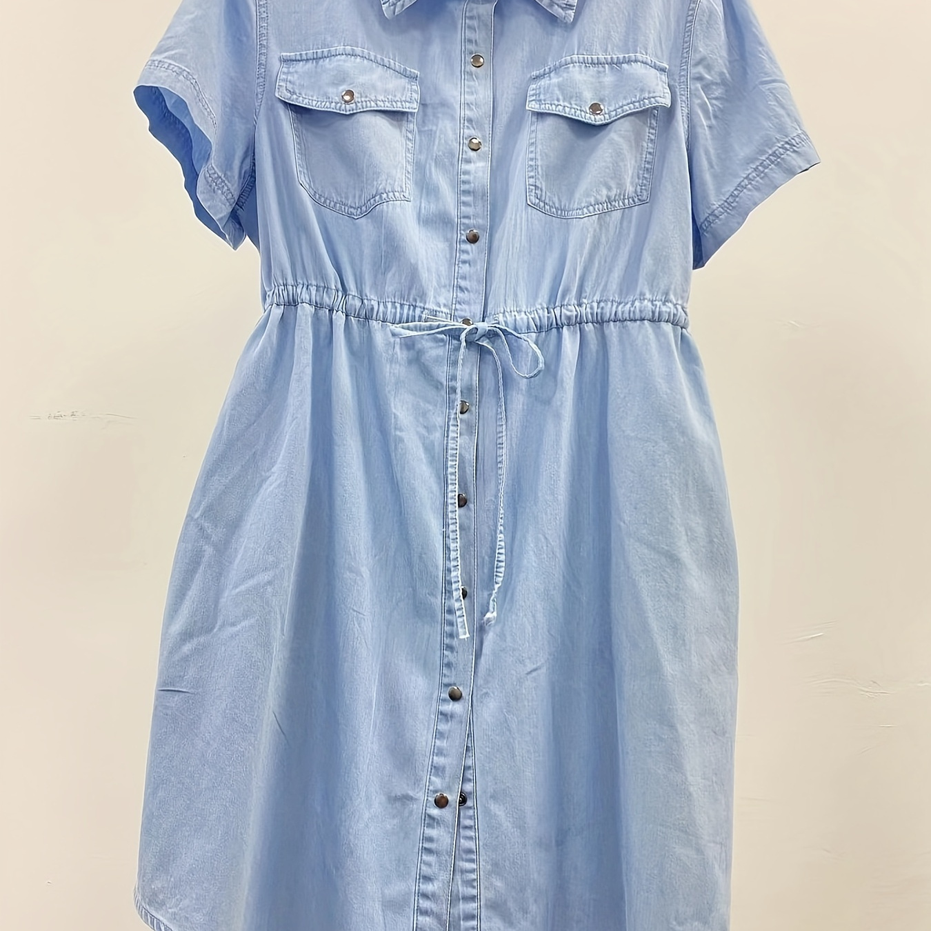 

Chic Denim Midi Dress With Drawstring Waist - , Non-stretch, Machine Washable - Women' Style Fashion