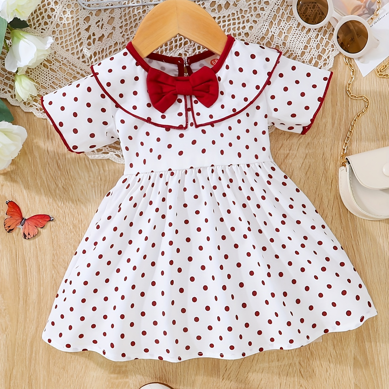 Baby Girl's Cute Polka Dot Print Bow Short Sleeve Dress Toddler Clothes