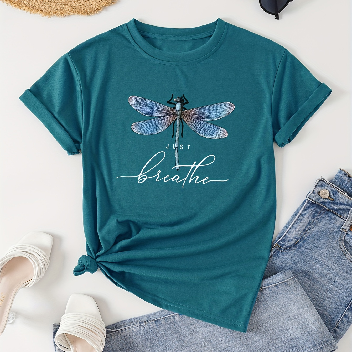 

Dragonfly & Letter Neck T-shirt, Casual Short Sleeve Top For , Women's Clothing