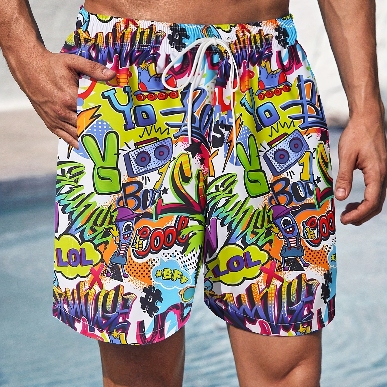 

Men's Casual Graffiti Print Active Shorts, Drawstring Beach Shorts For Summer Beach Resort
