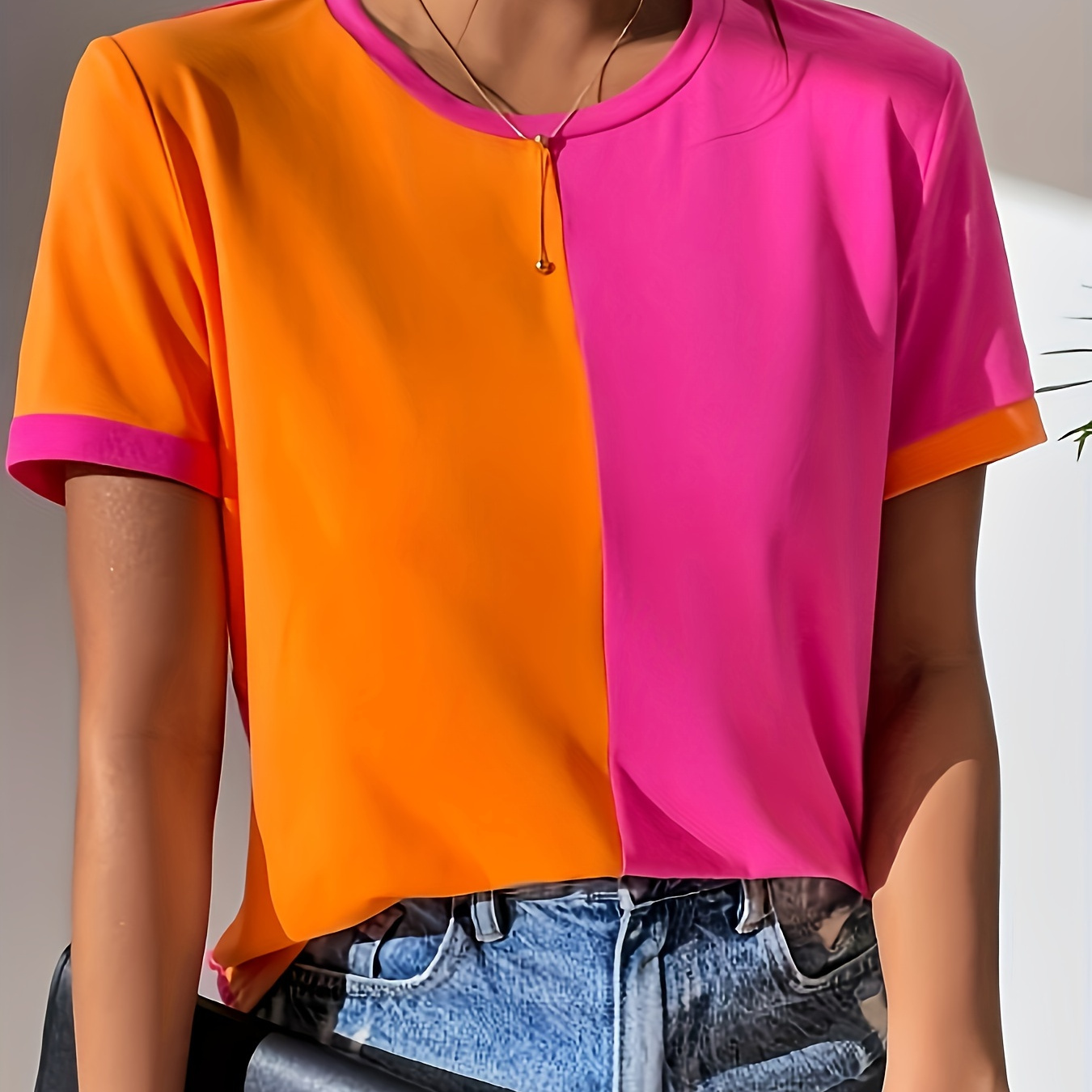 

T-shirt À Col Rond En Blocs De Couleur, T-shirt Décontracté À Manches Courtes Pour Le Printemps Et L'été, Vêtements Pour Femmes