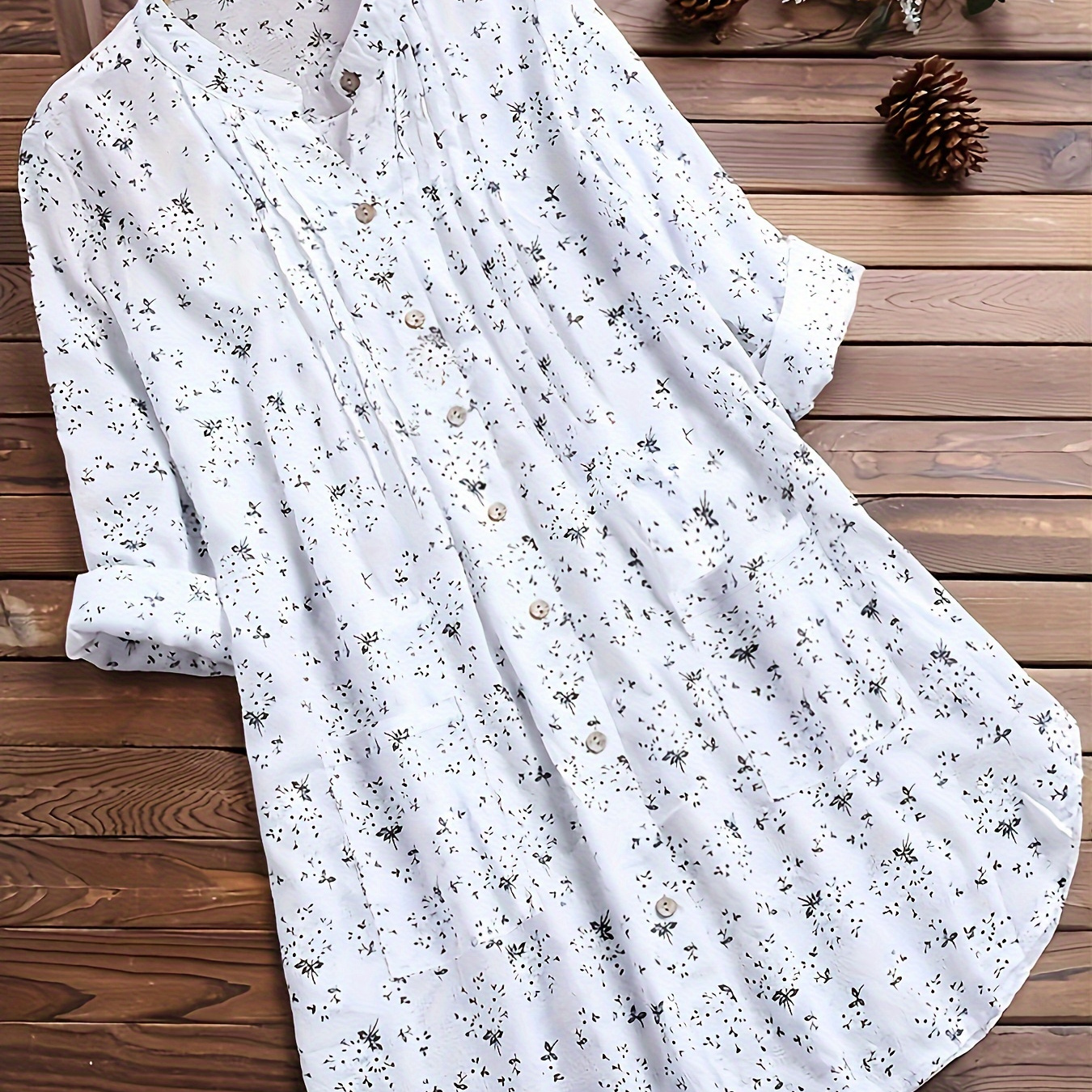 

Plus Size Floral Print Long Sleeve Button Up Shirt, Women's Plus Turn Down Collar Casual Top