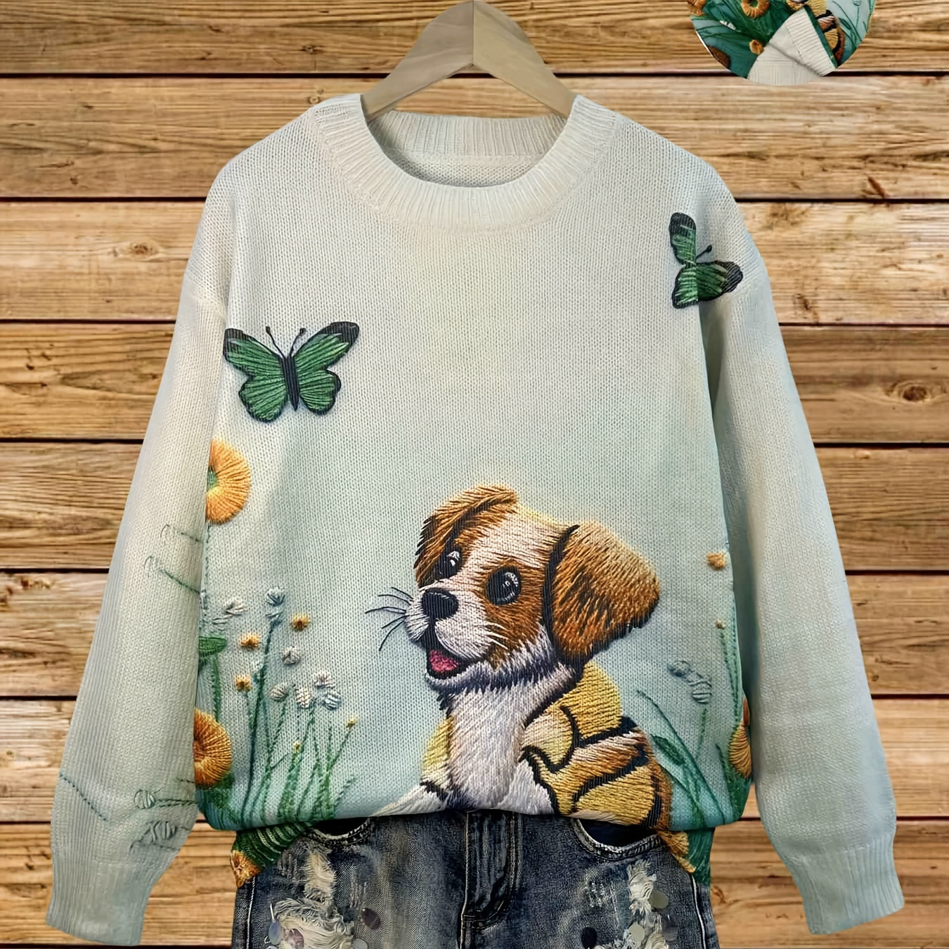 

Pullover élégant en polyester à col rond avec motif animal brodé et papillons - Haut tricoté à manches longues pour femmes pour /hiver