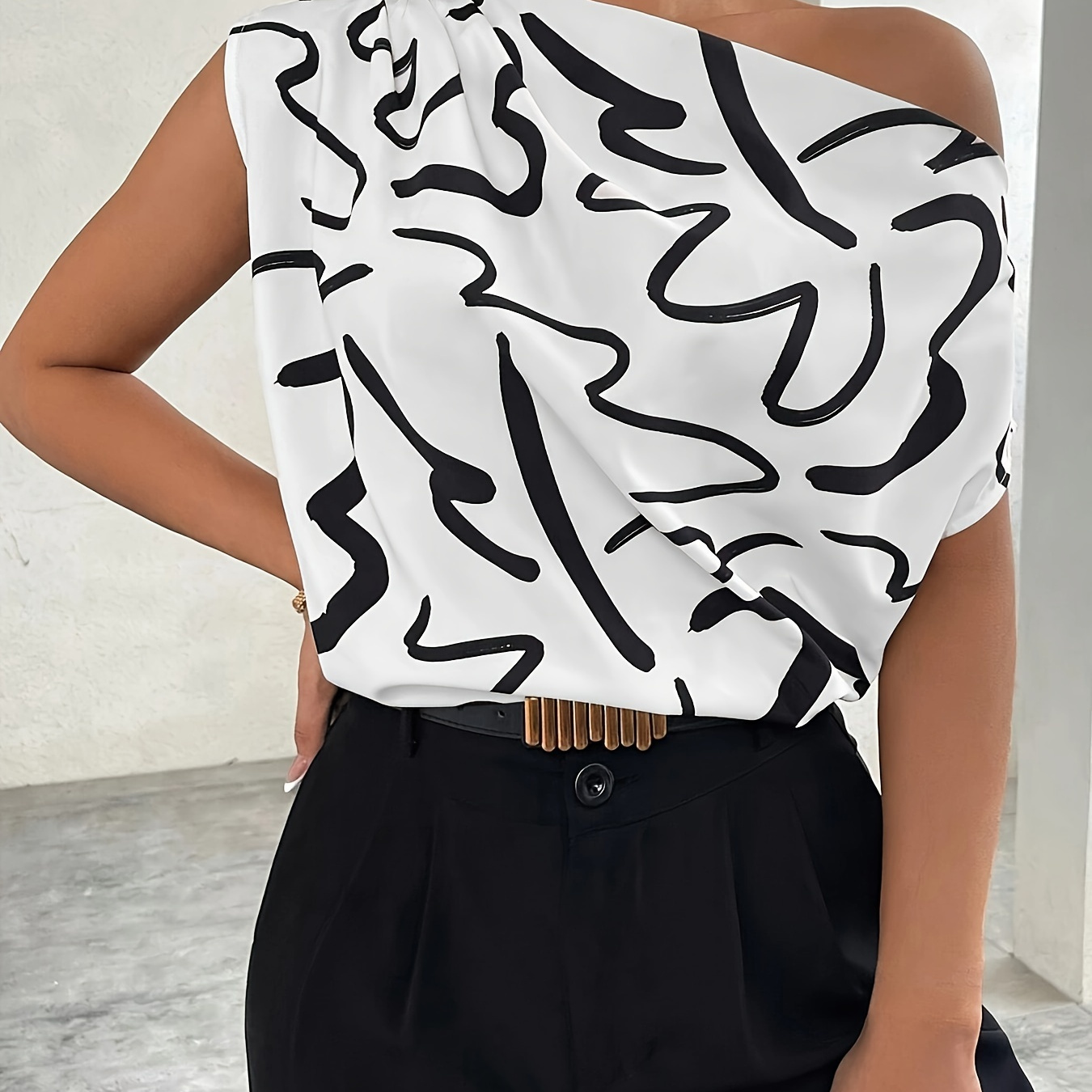

Abstract Print Slant Shoulder Blouse, Elegant Asymmetrical Loose Blouse For Spring & Summer, Women's Clothing