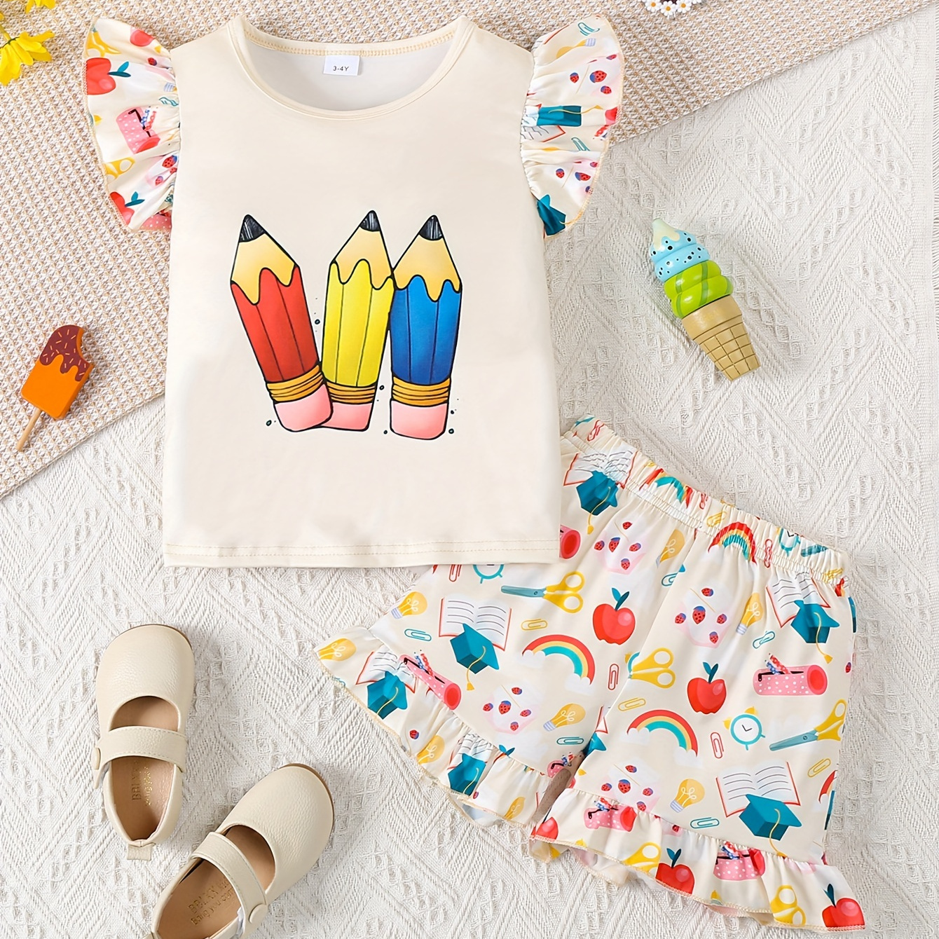 

2-piece Girl's Flutter Sleeve Top + Ruffle Edge Shorts Set, Pencil Print Casual Two-piece School Summer Set