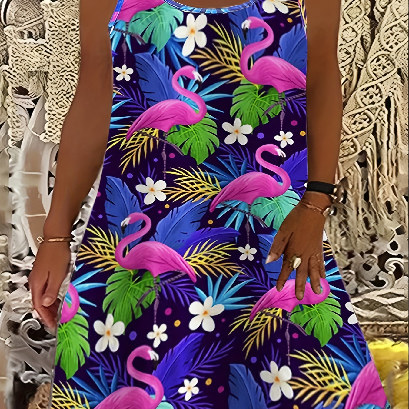 

Plus Size Plant & Flamingo Print Tank Dress, Casual Sleeveless Slim Dress For Spring & Summer, Women's Plus Size Clothing