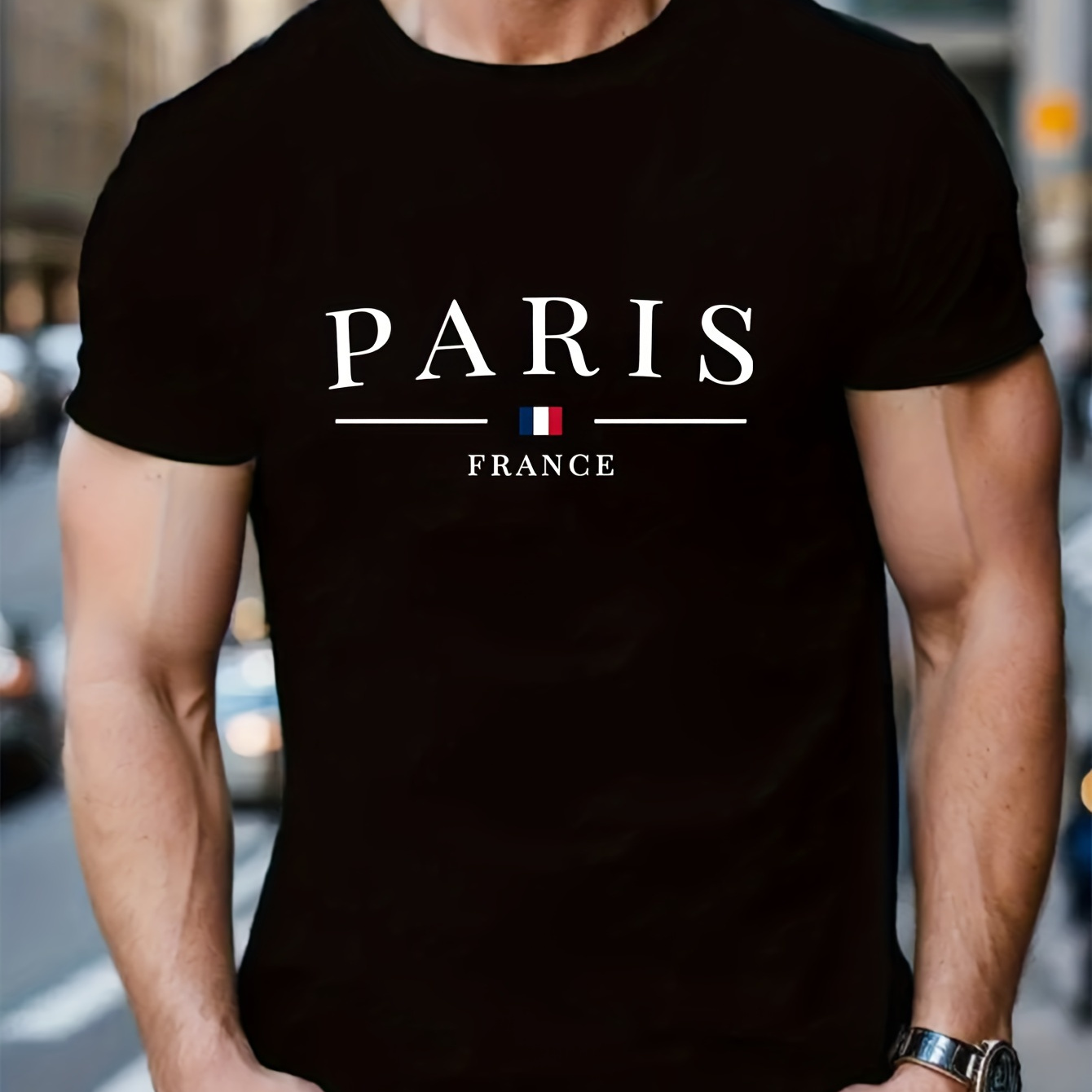 

Paris France Print, Men's Round Crew Neck Short Sleeve Tee, Casual T-shirt, Casual Comfy Lightweight Top For Summer