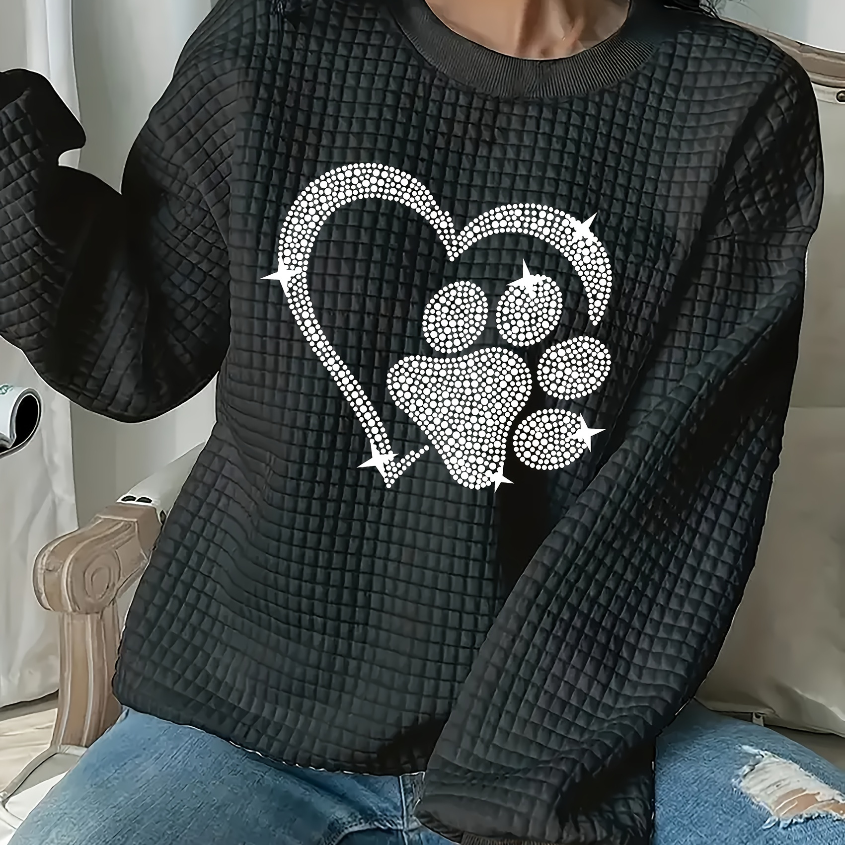 

Elegant Polyester Sweatshirt And Paw Print, Women' Top, Autumn/winter Knit Fabric, Round Neck, Pullover Style