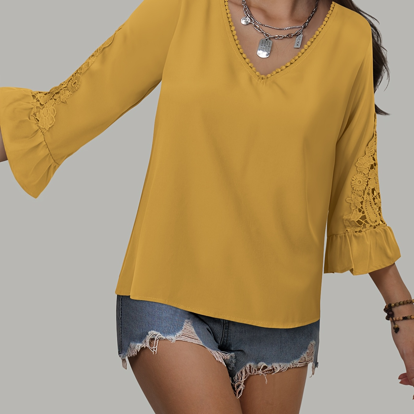 

Lace V Neck Blouse, Elegant Solid Color Half Flare Sleeve Top For , Women's Clothing