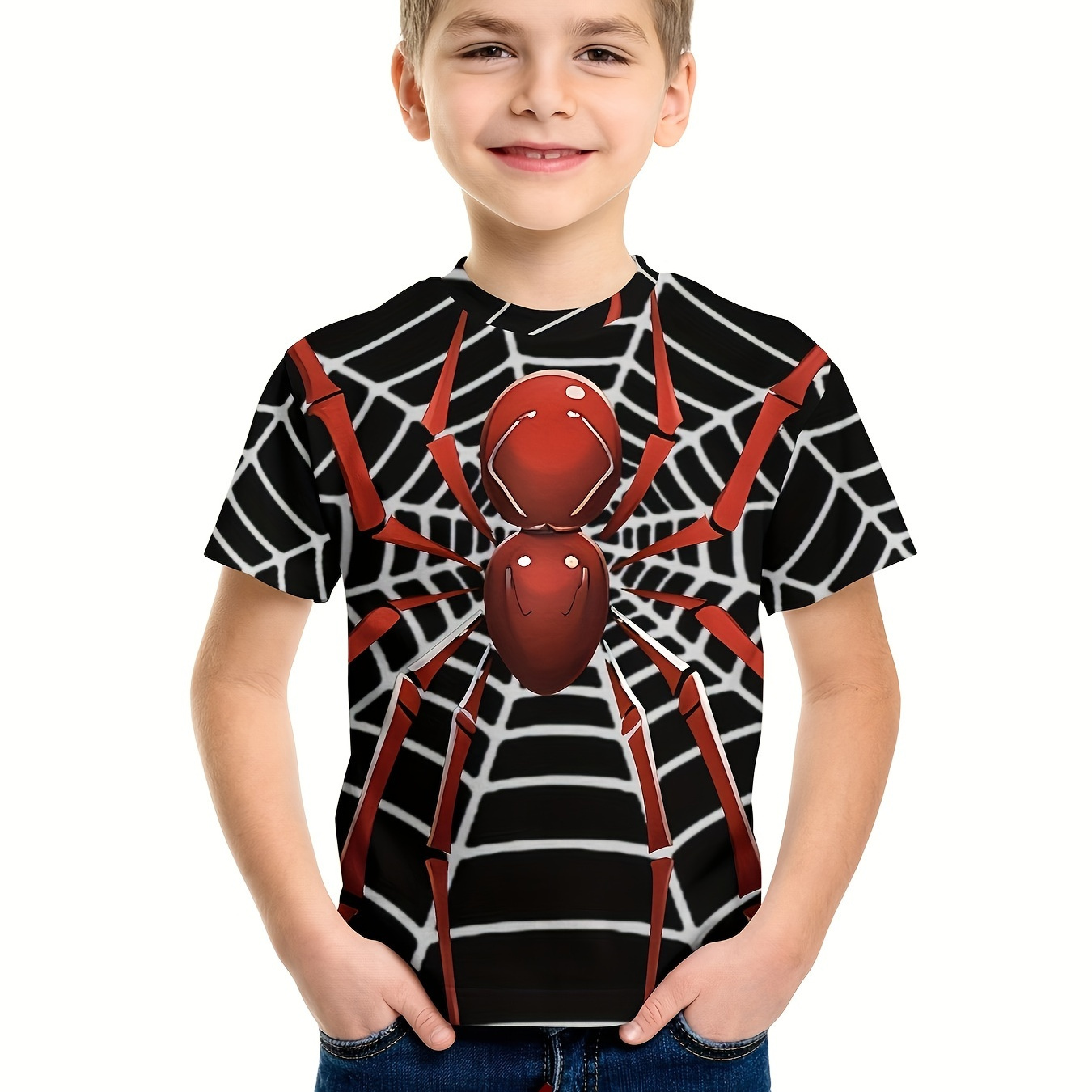 

Boys Stylish Spider Pattern Creative T-shirt, Casual Lightweight Comfy Short Sleeve Tee Tops, Kids Clothing For Summer