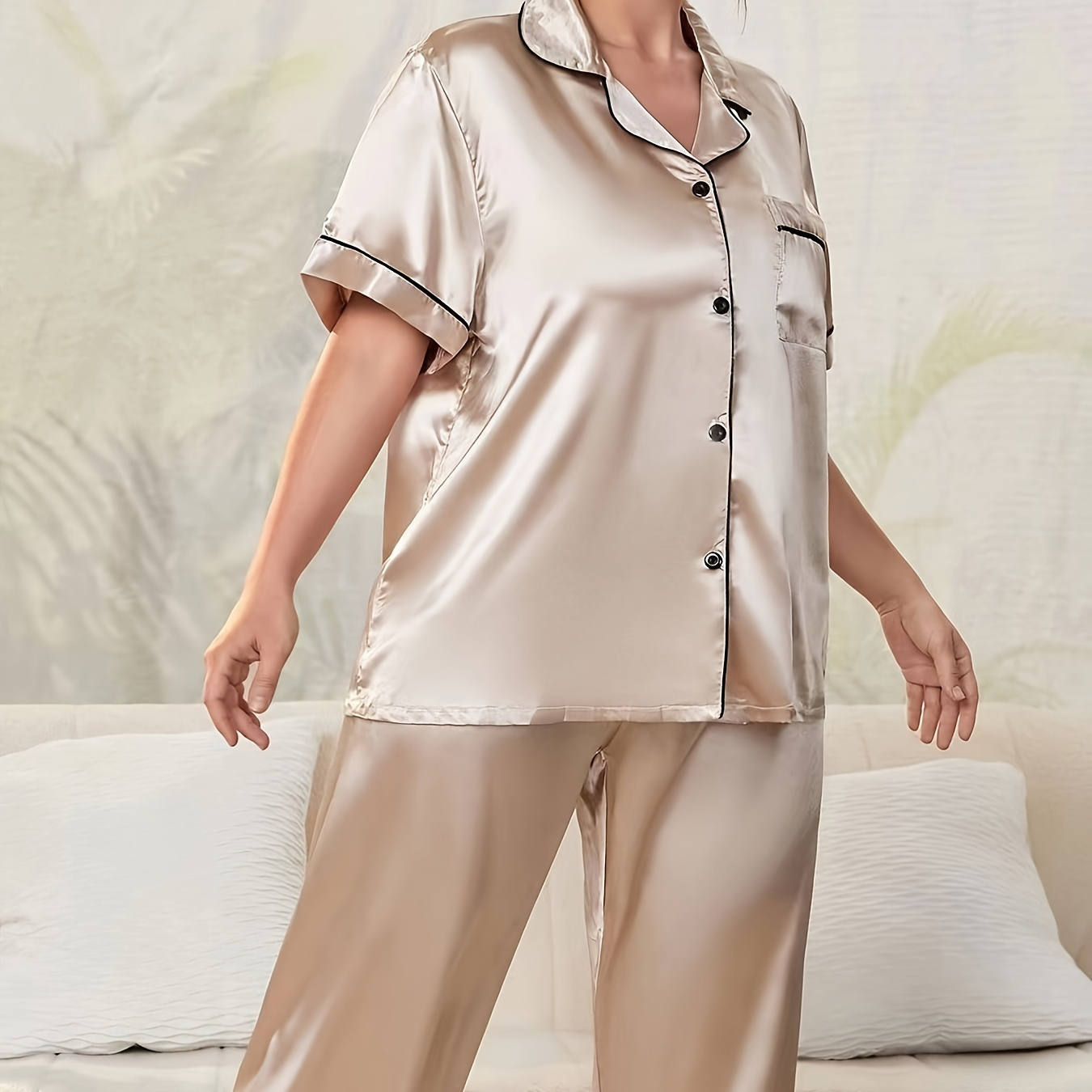

Women's Elegant Pajamas Set, Plus Size Contrast Binding Short Sleeve Button Up Satin Blouse & Pants Lounge 2 Piece Set