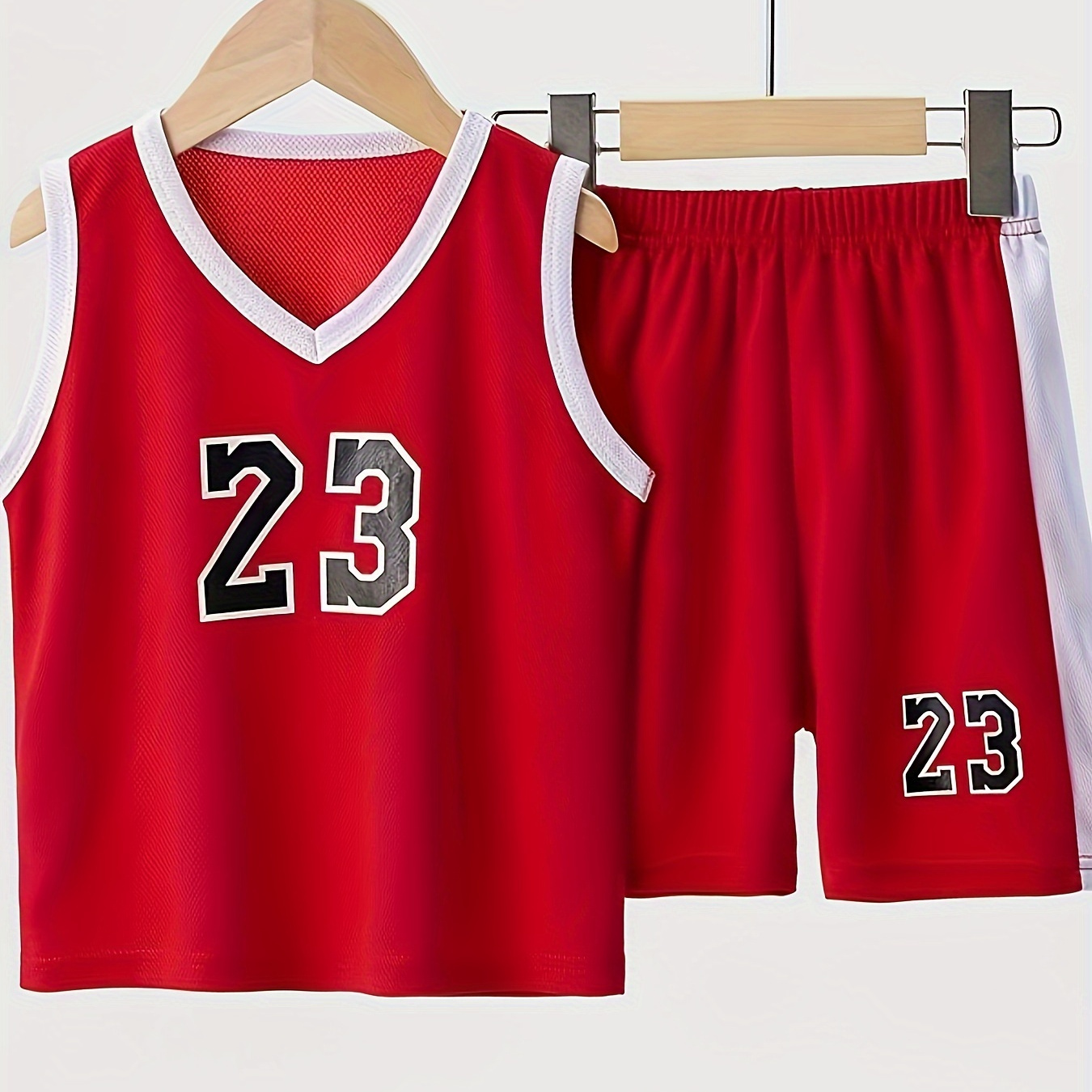 

Boys 2-piece Number 23 Sports Set, Sleeveless Basketball Jersey Tank Top & Shorts, Breathable & Quick-dry, V-neck Athletic Outfit For Boys And Girls