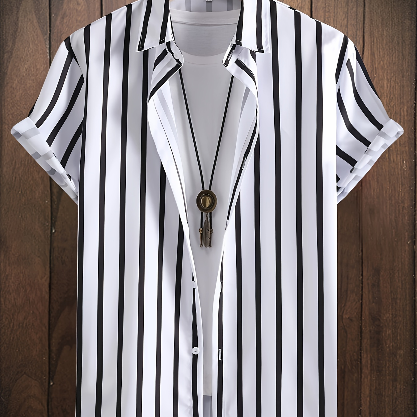 

Men's Elegant Short-sleeve Button-up Shirt, Classic Black And White Striped Print, Casual Dress Shirt With Collar