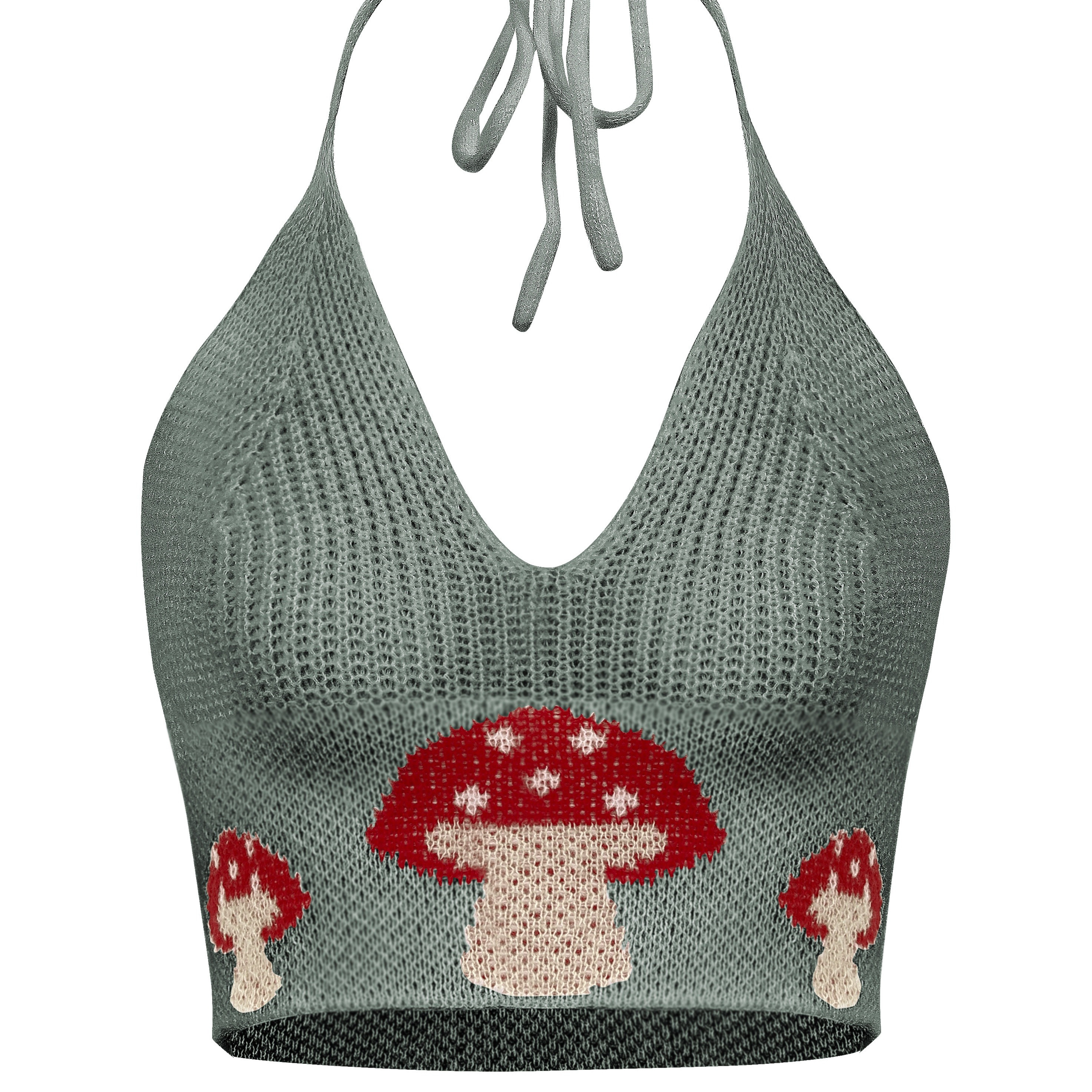 

Y2k Mushroom Graphic Halter Crop Top, Sexy Casual Sweater, Women's Clothing