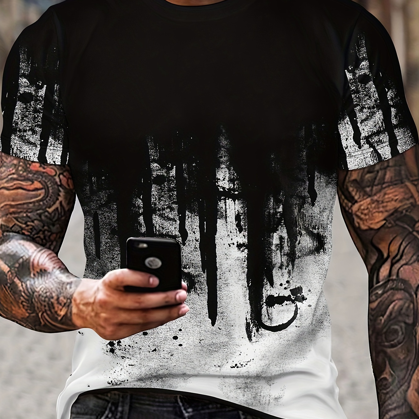 Plus Size  Men's 3D Ink Painting Graphic Print T-shirt, Street Style Personalized Short Sleeve Tees For Big & Tall Males, Men's Clothing