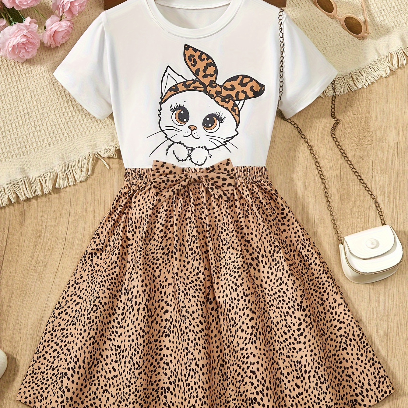 

2pcs, Cartoon Cat Graphic Short Sleeve T-shirt + Bow Decor Leopard Print Skirt Set For Girls, Cute Trendy Holiday Set Summer Gift, Girls' Clothing