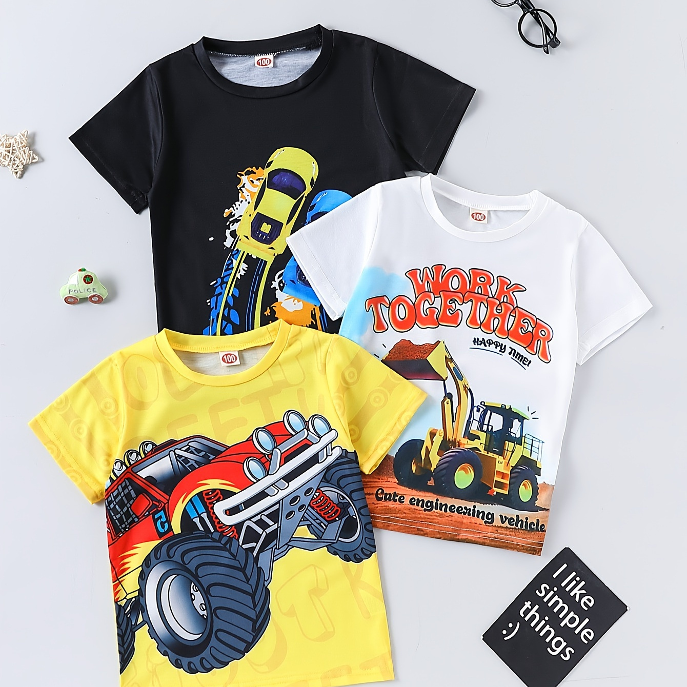 

3pcs Boys' Cartoon Excavator T-shirts - Comfy Polyester & Spandex , Casual Round Neck Tees For Spring/summer