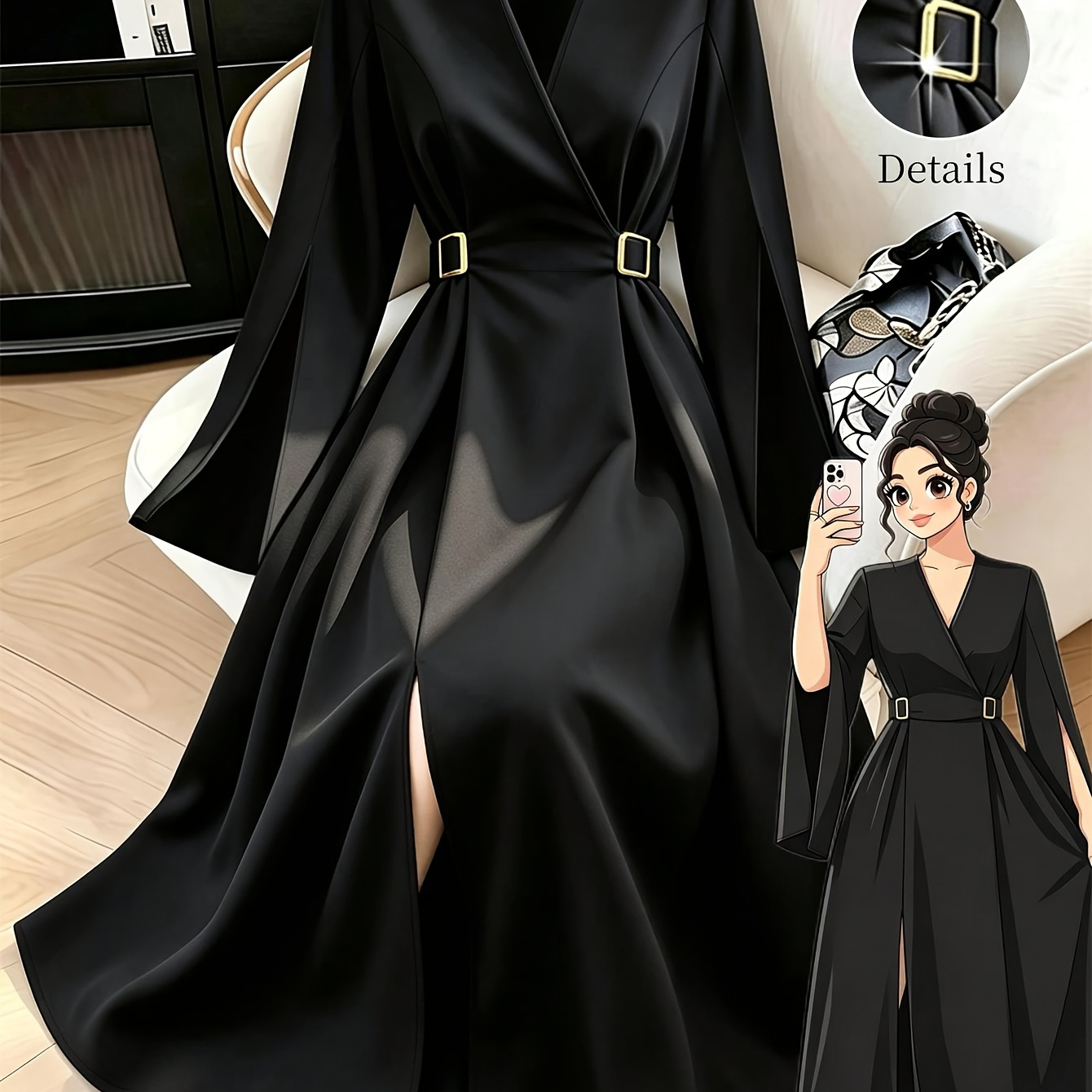 Black Satin Belted Abaya Maxi Dress