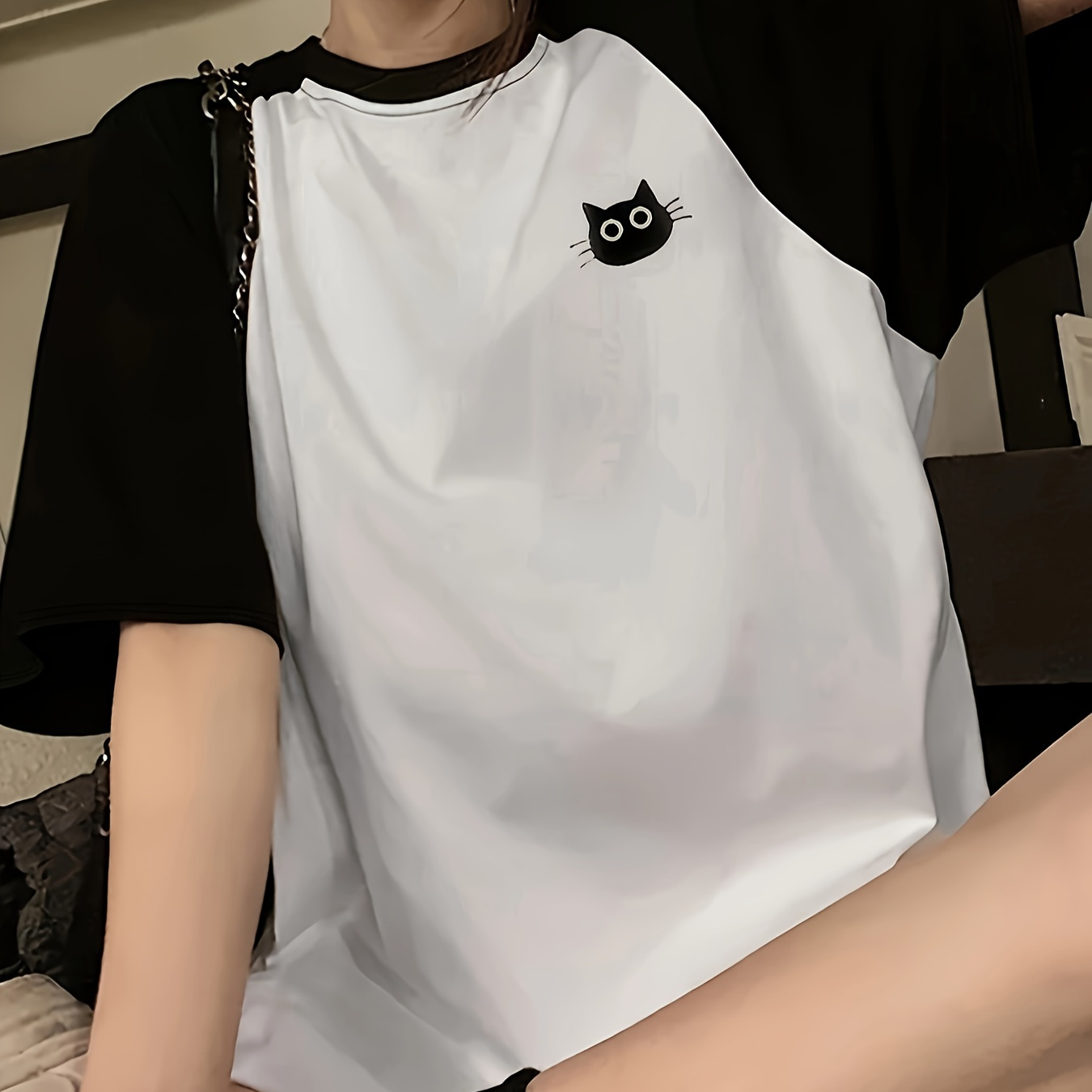 

Cat Print Raglan Sleeve T-shirt, Casual Color Block Crew Neck Top For Spring & Summer, Women's Clothing