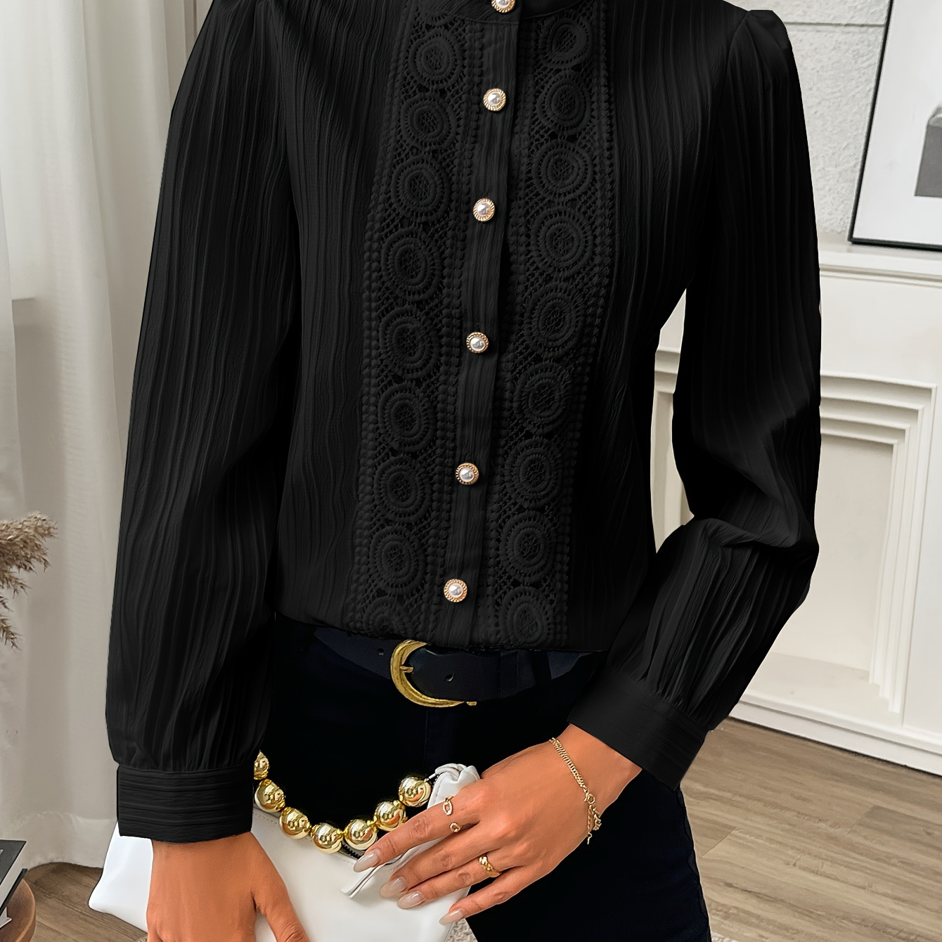 

Women's Elegant Stand Collar Long Sleeve Shirt, 100% Polyester Woven, Solid Color With Lace Detail, Spring/fall Season, 100g/m² Fabric Weight