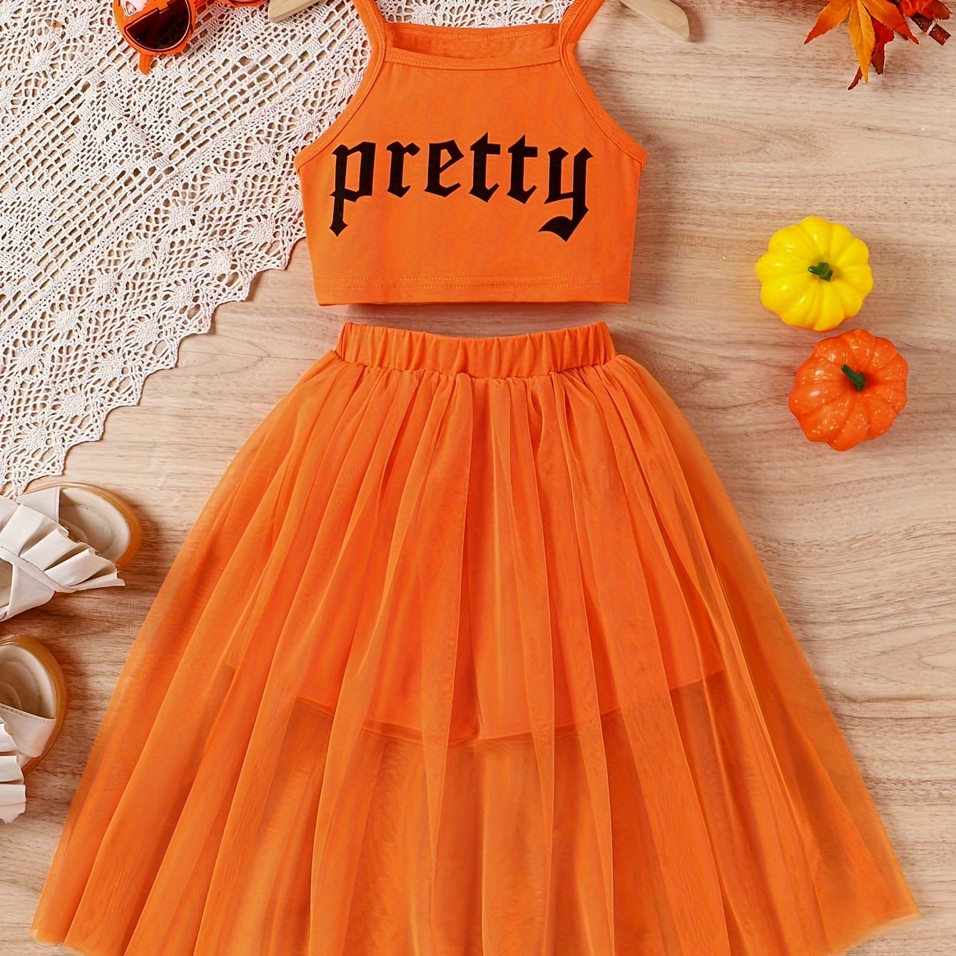 

Summer Girl's 2pcs, Pretty Print Cami Top + Mesh Layered Skirt Set 2-piece Trendy Outfit